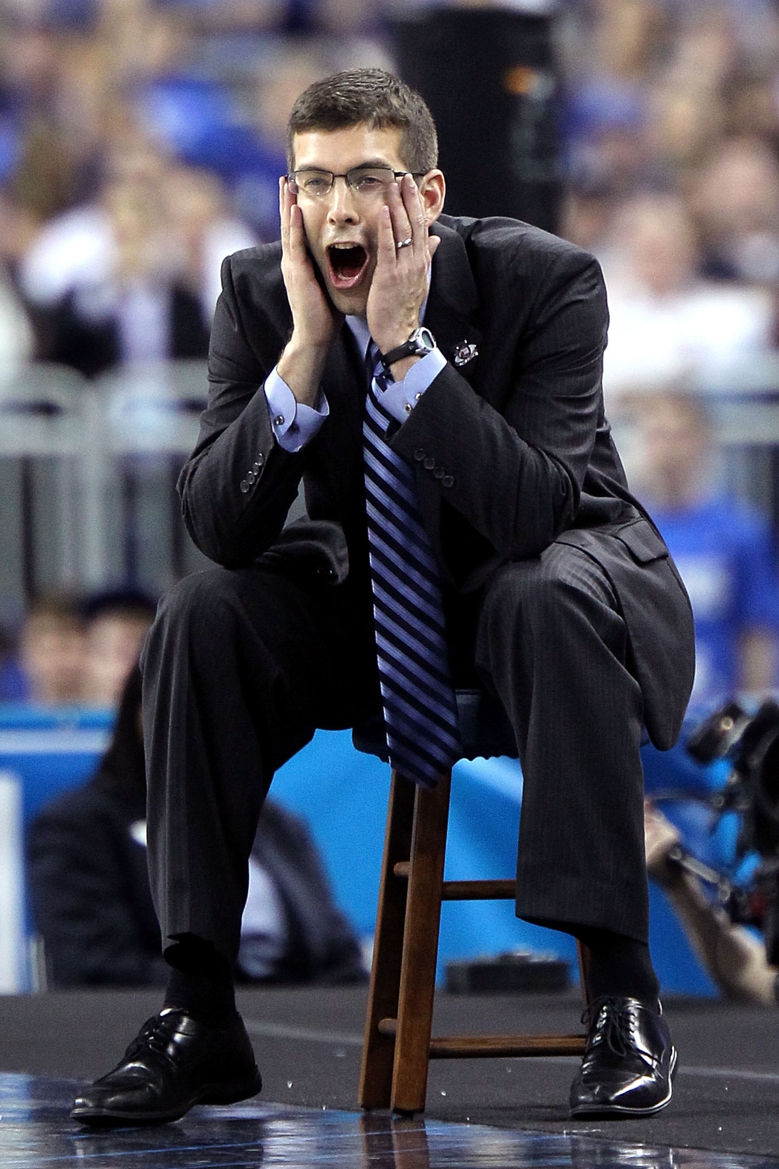 HOUSTON, TX - APRIL 02:  Head coach Brad Stevens of the Butler Bulldogs reacts from the sidelines while taking on the Virginia Commonwealth Rams during the National Semifinal game of the 2011 NCAA Division I Men's Basketball Championship at Reliant Stadiu