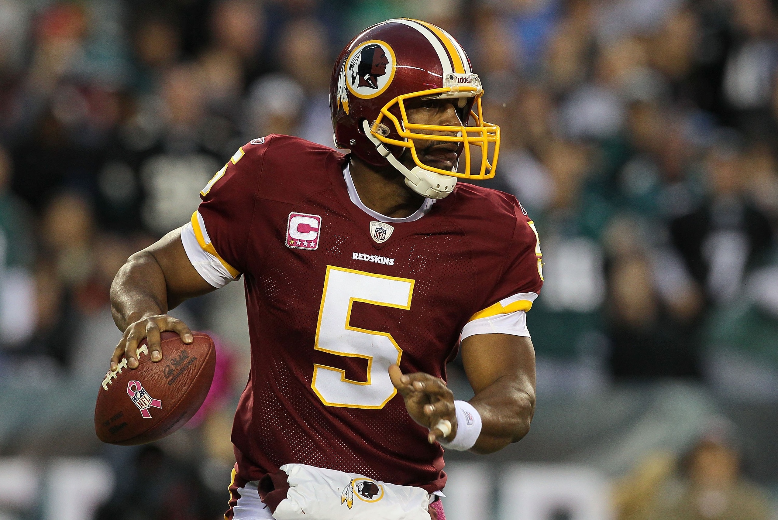 PHILADELPHIA - OCTOBER 03:  Donovan McNabb #5 of the Washington Redskins against the Philadelphia Eagles on October 3, 2010 at Lincoln Financial Field in Philadelphia, Pennsylvania. The Redskins defeated the Eagles 17-12.  (Photo by Jim McIsaac/Getty Imag