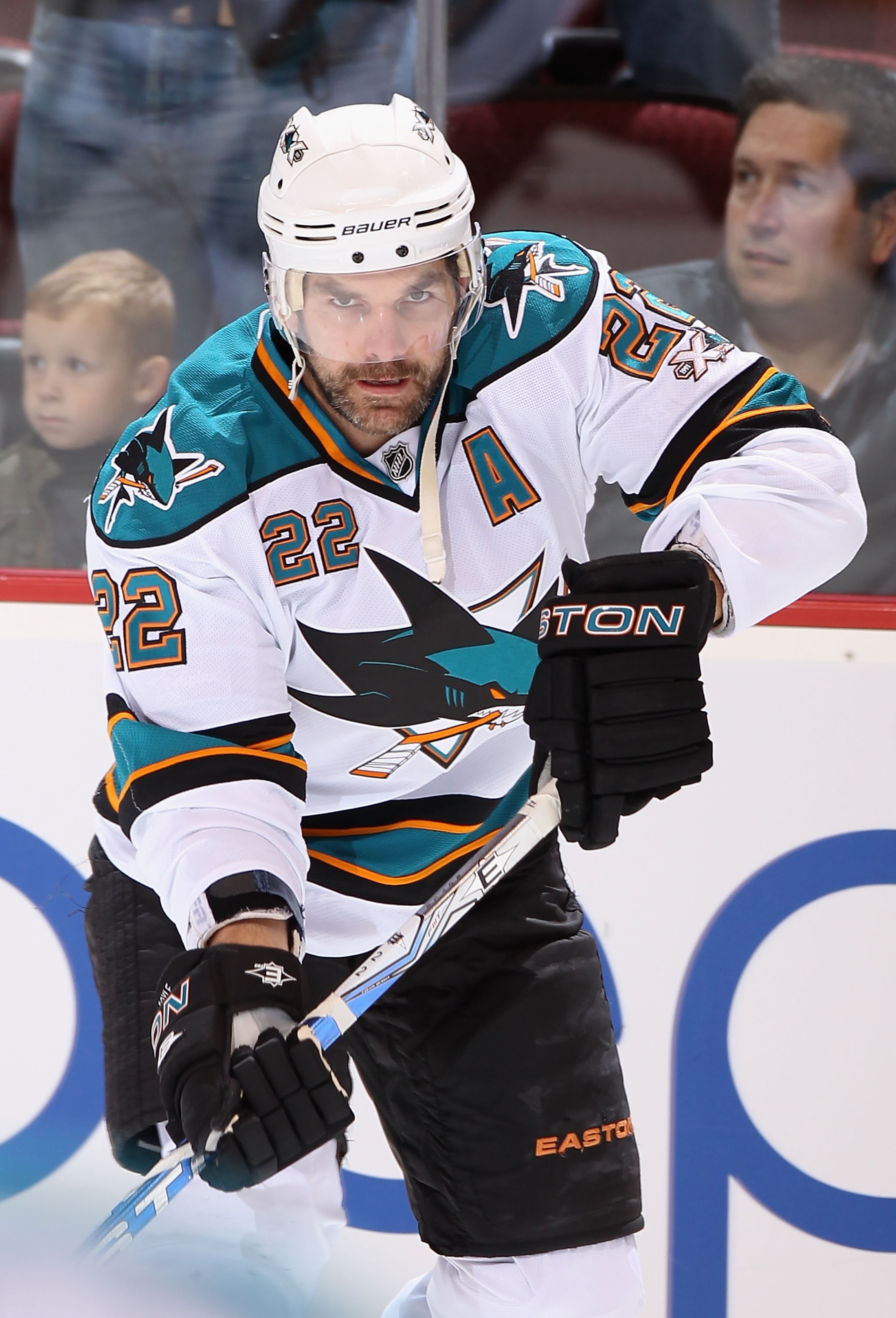 GLENDALE, AZ - MARCH 26:  Dan Boyle #22 of the San Jose Sharks warms up before the NHL game against the Phoenix Coyotes at Jobing.com Arena on March 26, 2011 in Glendale, Arizona.  The Sharks defeated the Coyotes 4-1. (Photo by Christian Petersen/Getty Im