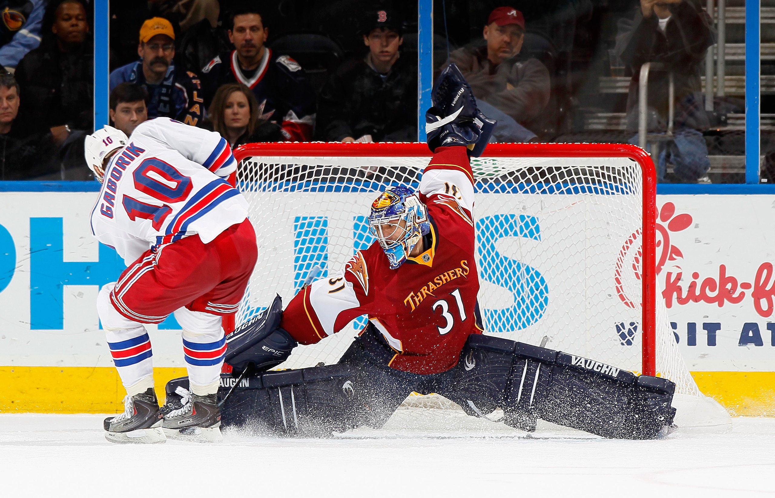 ATLANTA, GA - FEBRUARY 11:  Goaltender Ondrej Pavelec #31 of the Atlanta Thrashers saves a penalty shot by Marian Gaborik #10 of the New York Rangers at Philips Arena on February 11, 2011 in Atlanta, Georgia.  (Photo by Kevin C. Cox/Getty Images)