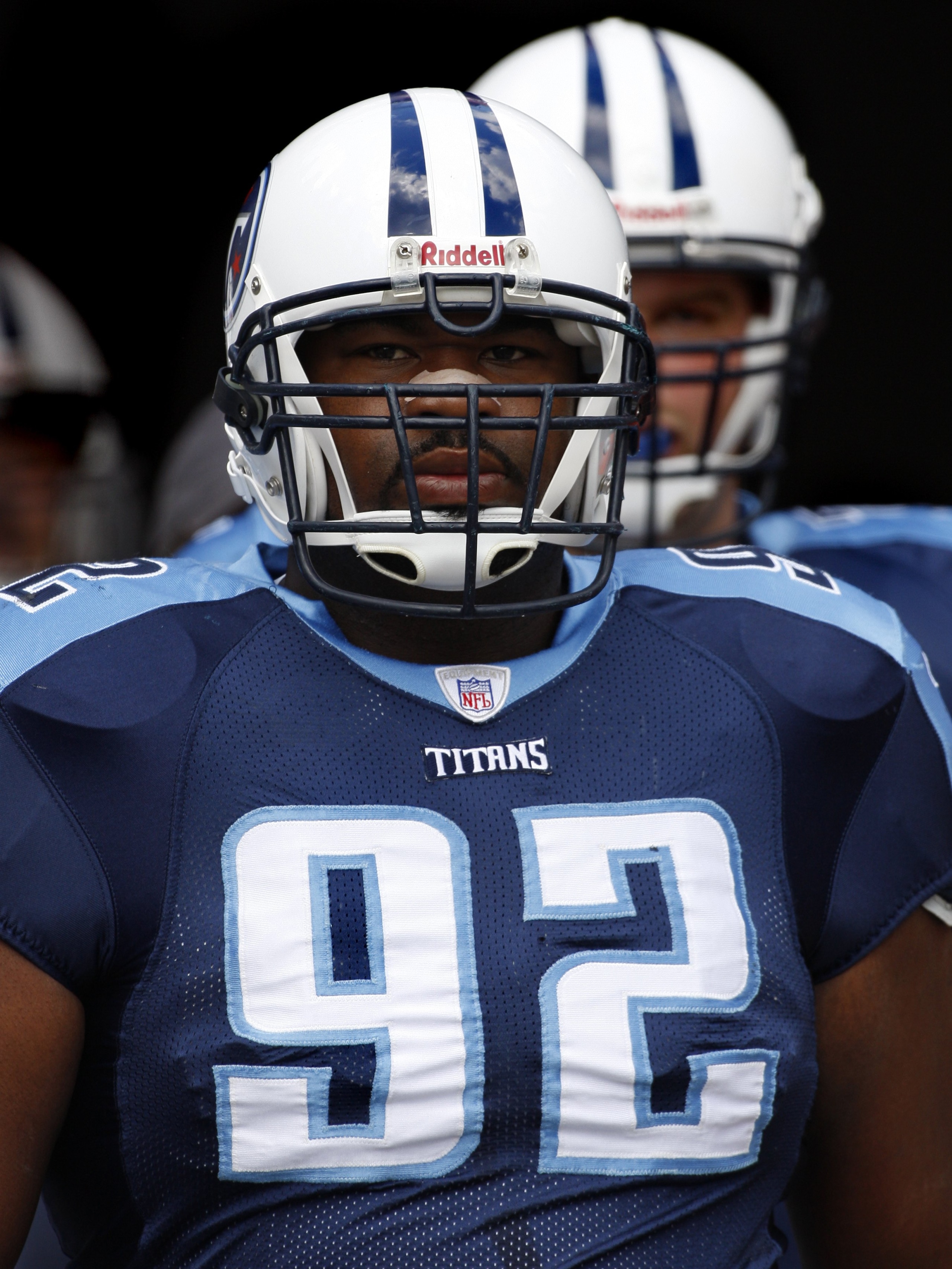 TAMPA, FL - OCTOBER 14: Defensive end Albery Haynesworth #92 of the Tennessee Titans waits for pre-game introductions before play against the Tampa Bay Buccaneers at Raymond James Stadium on October 14, 2007 in Tampa, Florida.  The Bucs won 13-10. (Photo