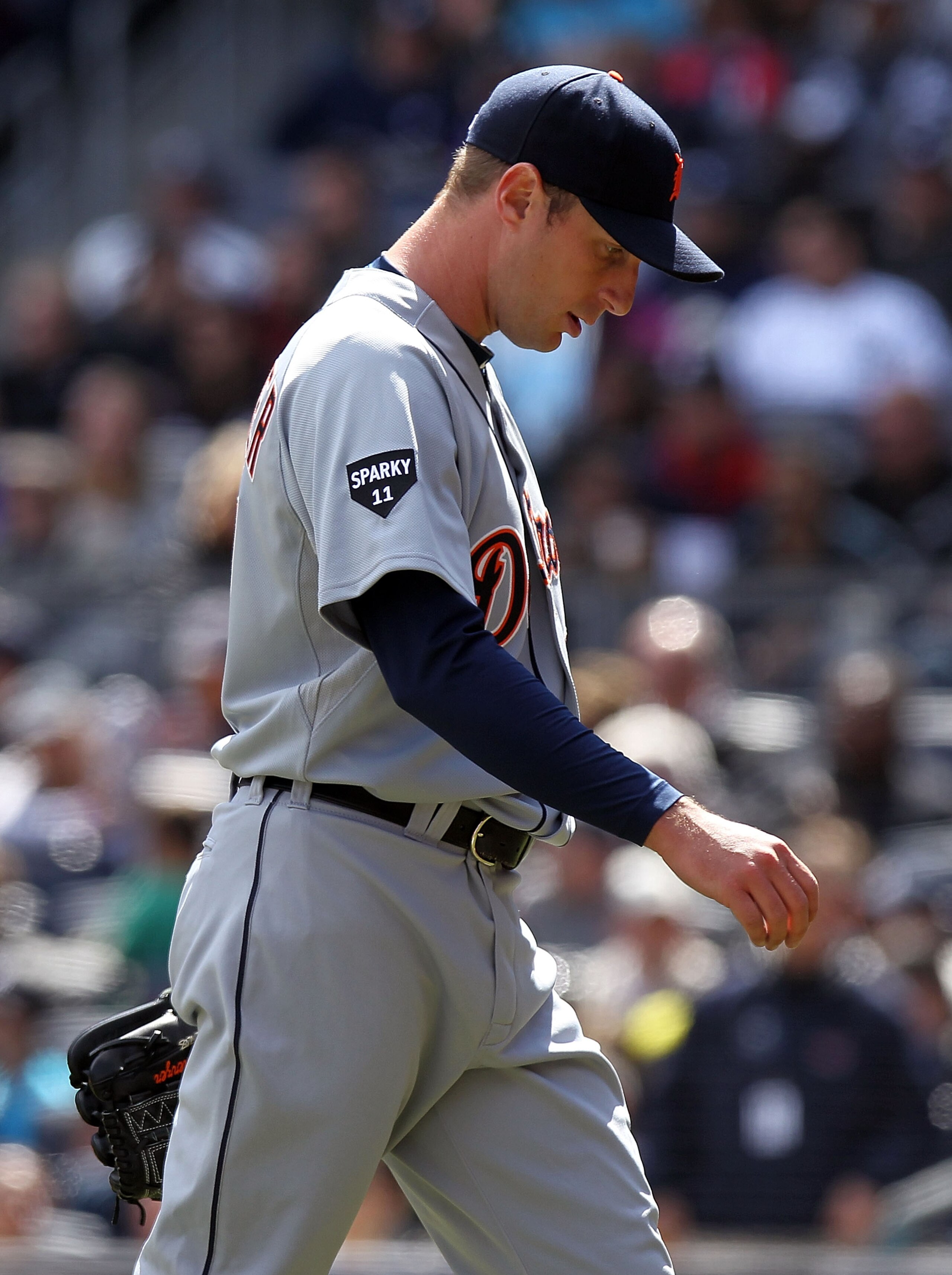 NEW YORK, NY - APRIL 03:  Max Scherzer #37 of the Detroit Tigers walks to the dugout after giving up a home run in the second inning against the New York Yankees at Yankee Stadium on April 3, 2011 in the Bronx borough of New York City.  (Photo by Nick Lah