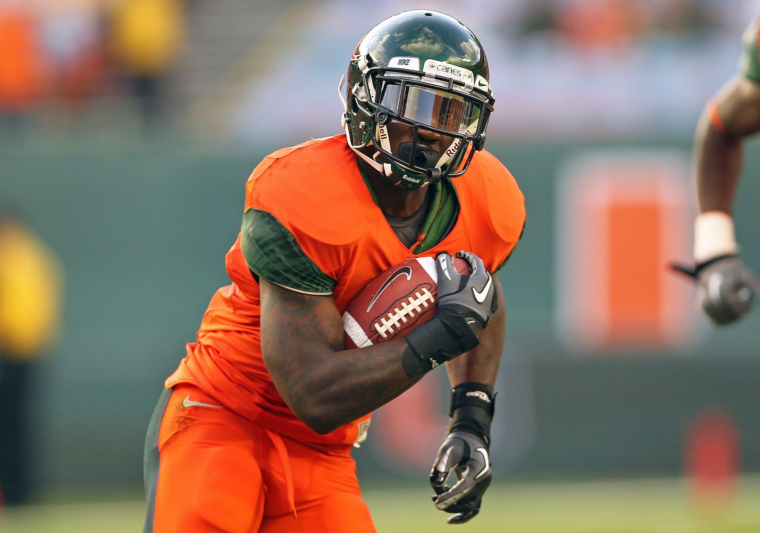 MIAMI - NOVEMBER 20: Aldarius Johnson #4 of the Miami Hurricanes rushes during a game against the Virginia Tech Hokies at Sun Life Stadium on November 20, 2010 in Miami, Florida. (Photo by Mike Ehrmann/Getty Images) MIAMI - NOVEMBER 20: Aldarius Johnson #4 of the Miami Hurricanes rushes during a game against the Virginia Tech Hokies at Sun Life Stadium on November 20, 2010 in Miami, Florida. (Photo by Mike Ehrmann/Getty Images)