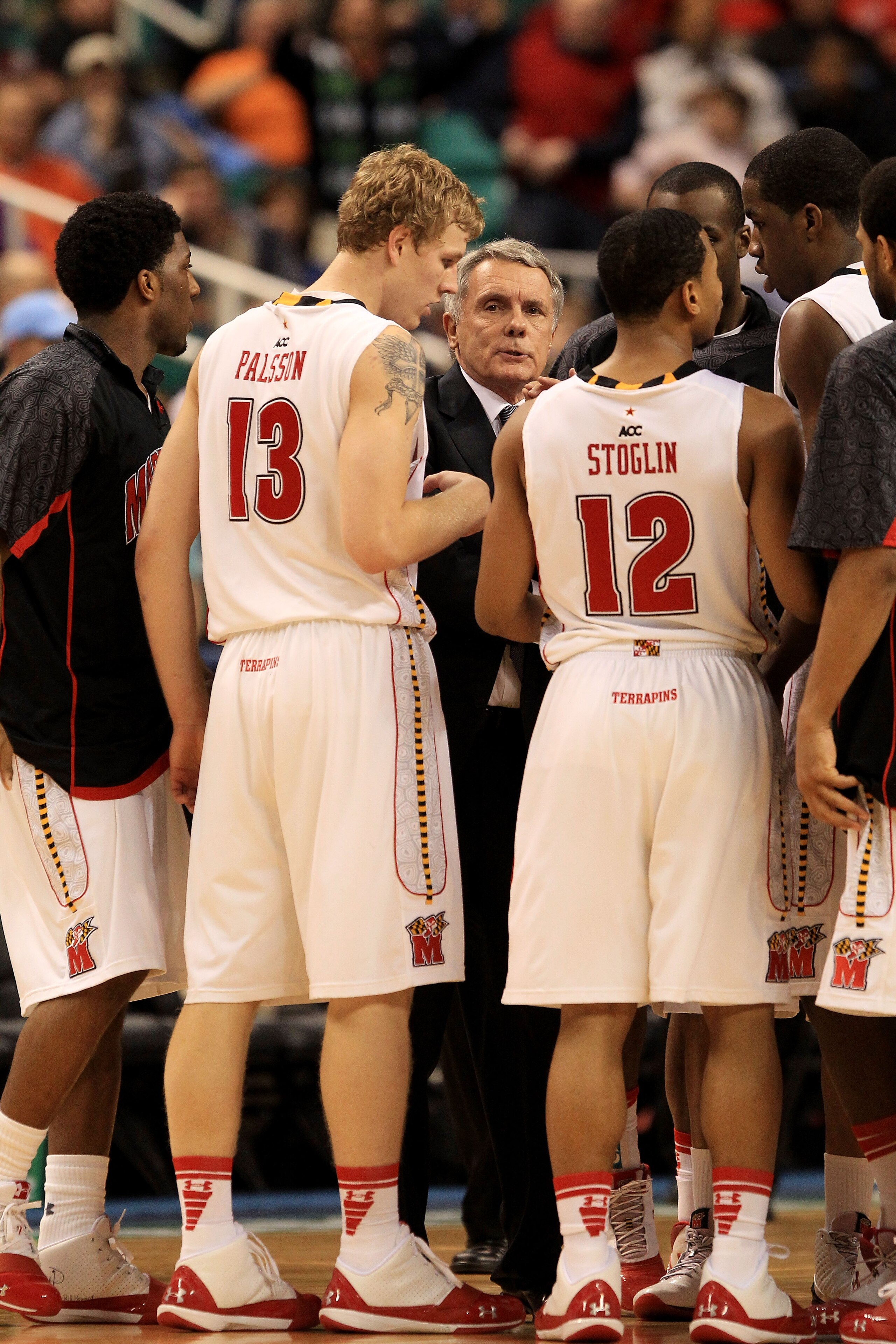 GREENSBORO, NC - MARCH 10:  Head coach Gary Williams of the Maryland Terrapins talks with the team during the first half of the game against the North Carolina State Wolfpack in the first round of the 2011 ACC men's basketball tournament at the Greensboro