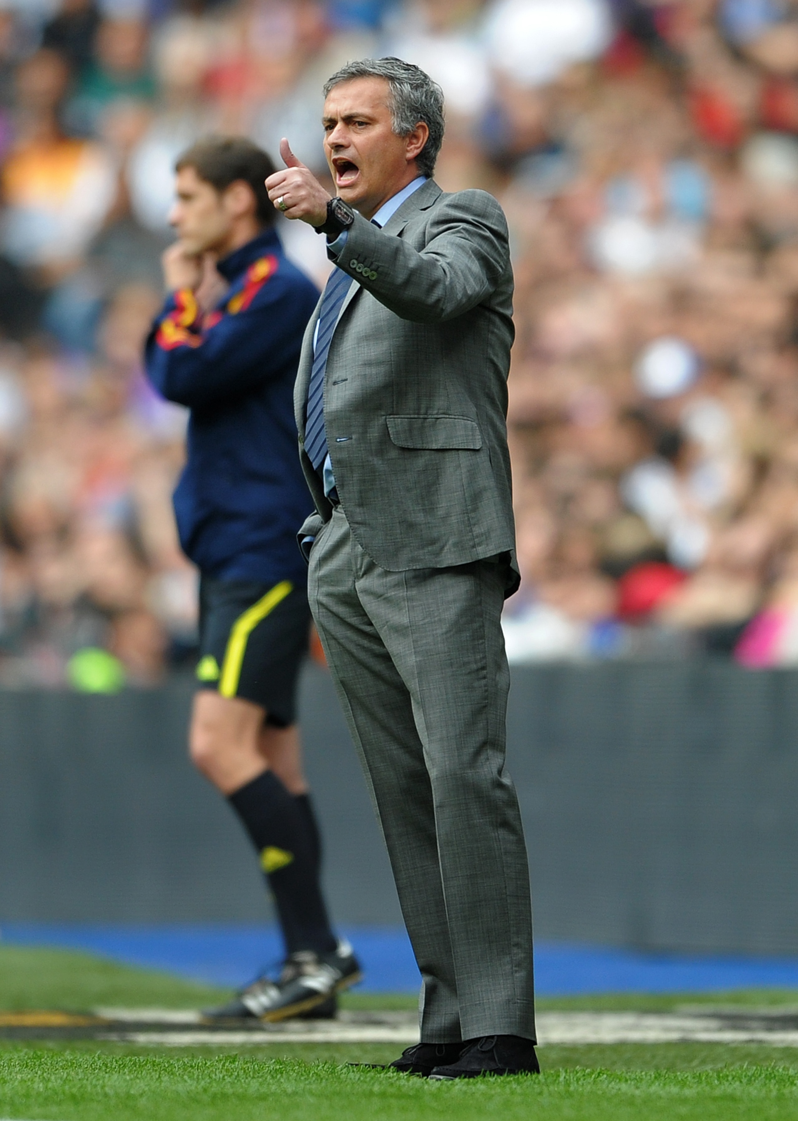 MADRID, SPAIN - APRIL 02:  Head coach Jose Mourinho of Real Madrid gestures during the la Liga match between Real Madrid and Sporting Gijon  at Estadio Santiago Bernabeu on April 2, 2011 in Madrid, Spain.  (Photo by Jasper Juinen/Getty Images)