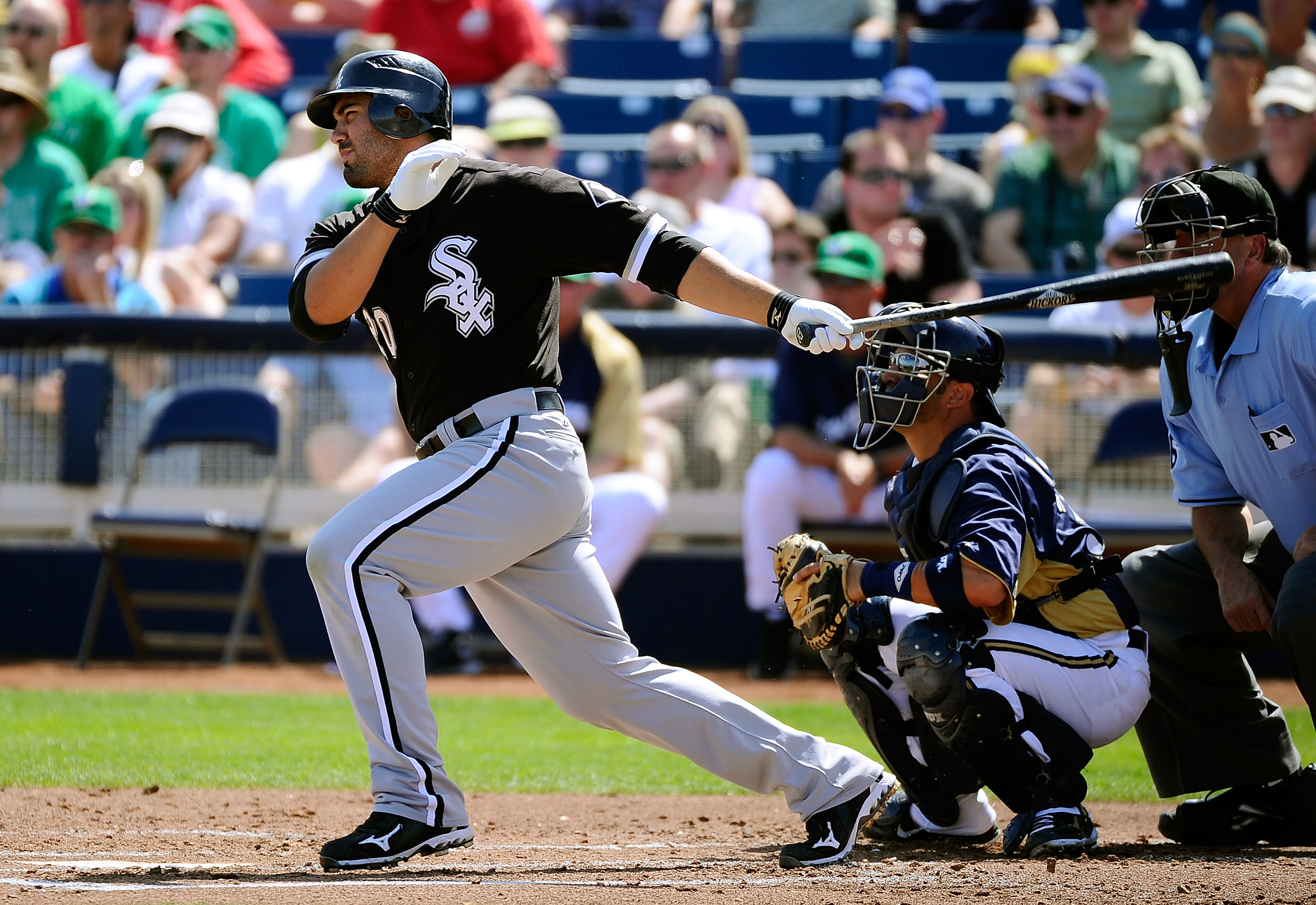 PHOENIX, AZ - MARCH 17:  Carlos Quentin #20 of the Chicago White Sox at bat against the Milwaukee Brewers during the spring training game at Maryvale Baseball Park on March 17, 2011 in Phoenix, Arizona.  (Photo by Kevork Djansezian/Getty Images)