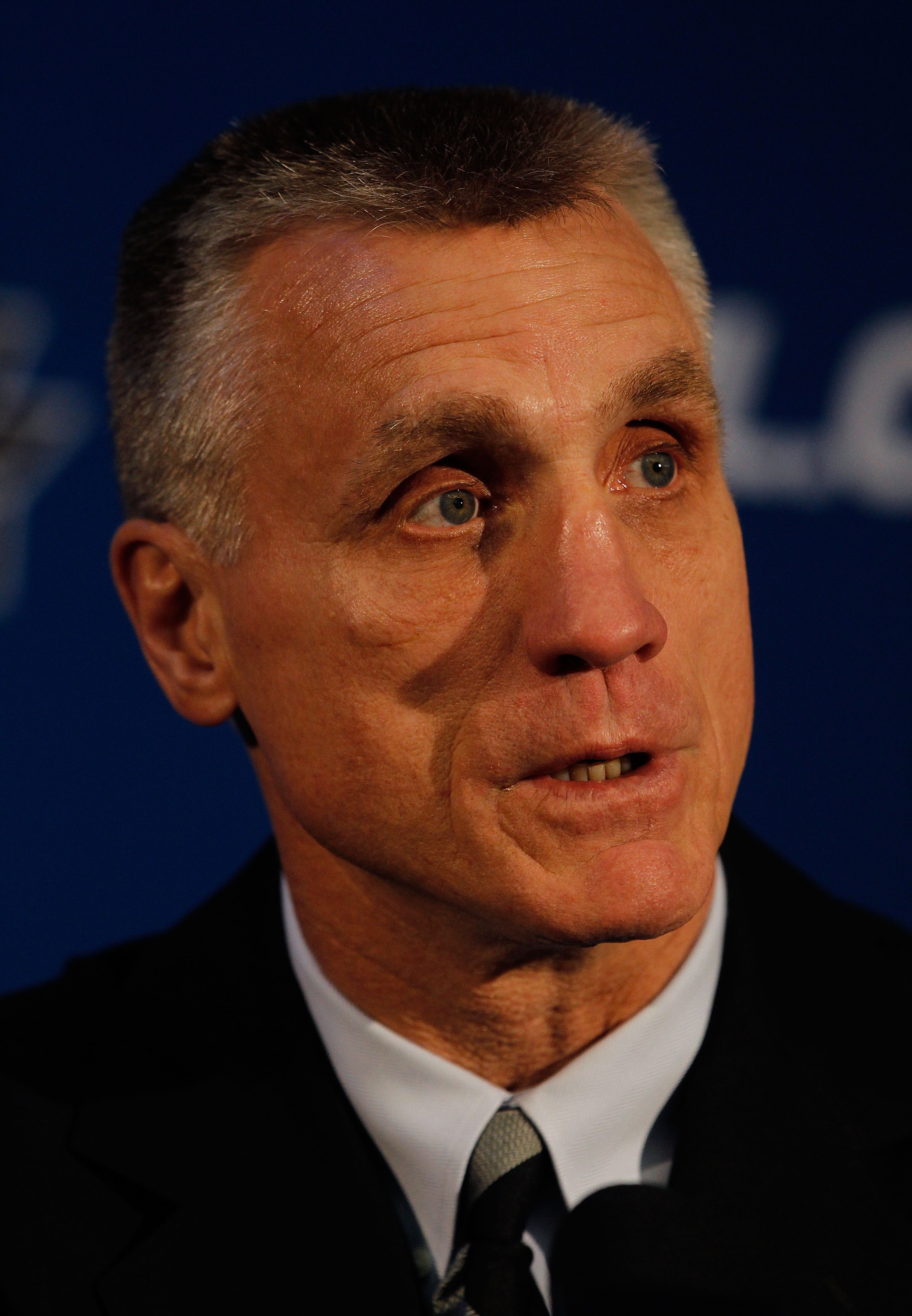 CHICAGO - MAY 27: General Manager Paul Holmgren of the Philadelphia Flyers answers questions during Stanley Cup media day at the United Center on May 27, 2010 in Chicago, Illinois. (Photo by Jonathan Daniel/Getty Images)