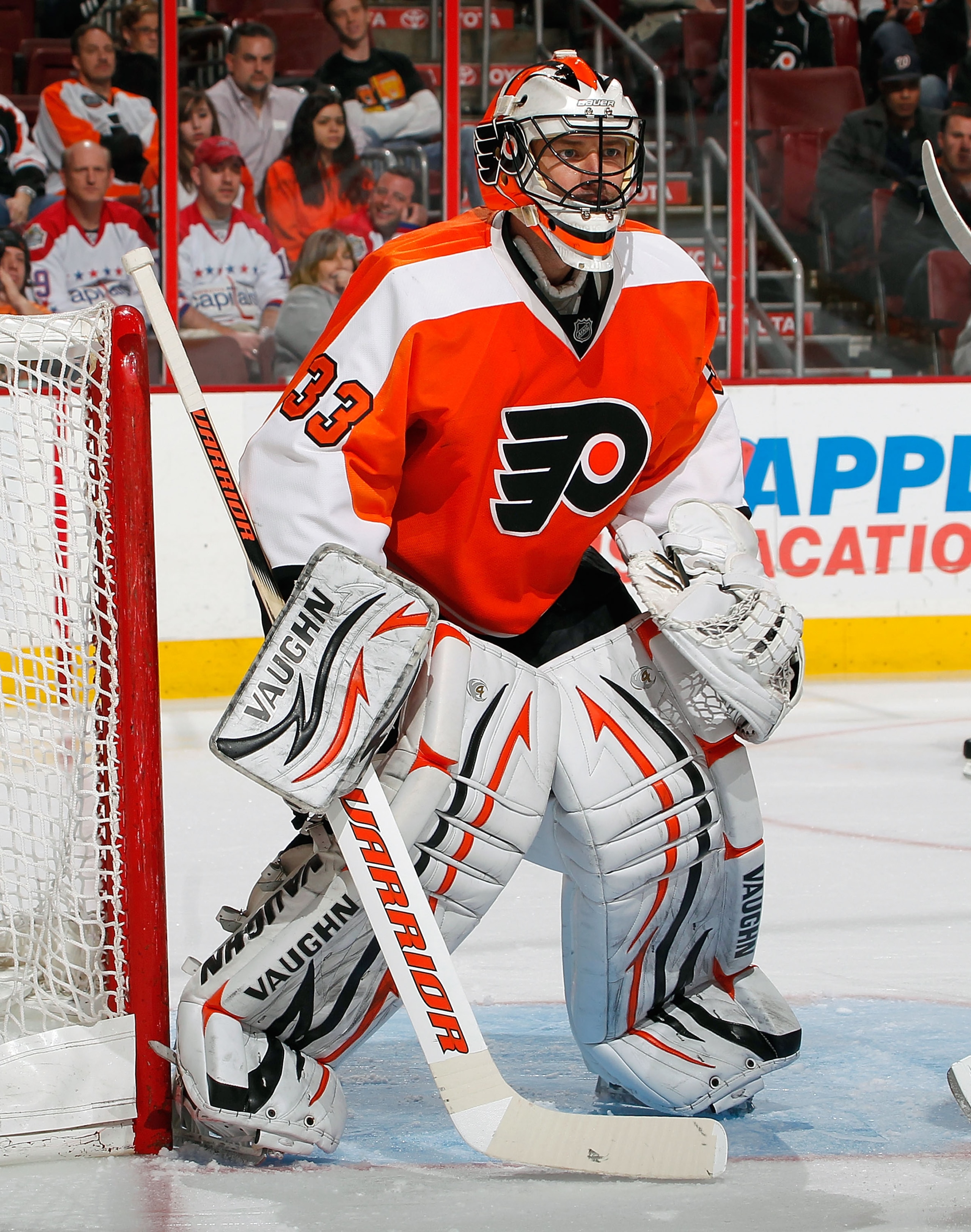 PHILADELPHIA, PA - MARCH 22:  Goalie Brian Boucher #33 of the Philadelphia Flyers concentrates during an NHL hockey game against the Washington Capitals at the Wells Fargo Center on March 22, 2011 in Philadelphia, Pennsylvania.  (Photo by Paul Bereswill/G