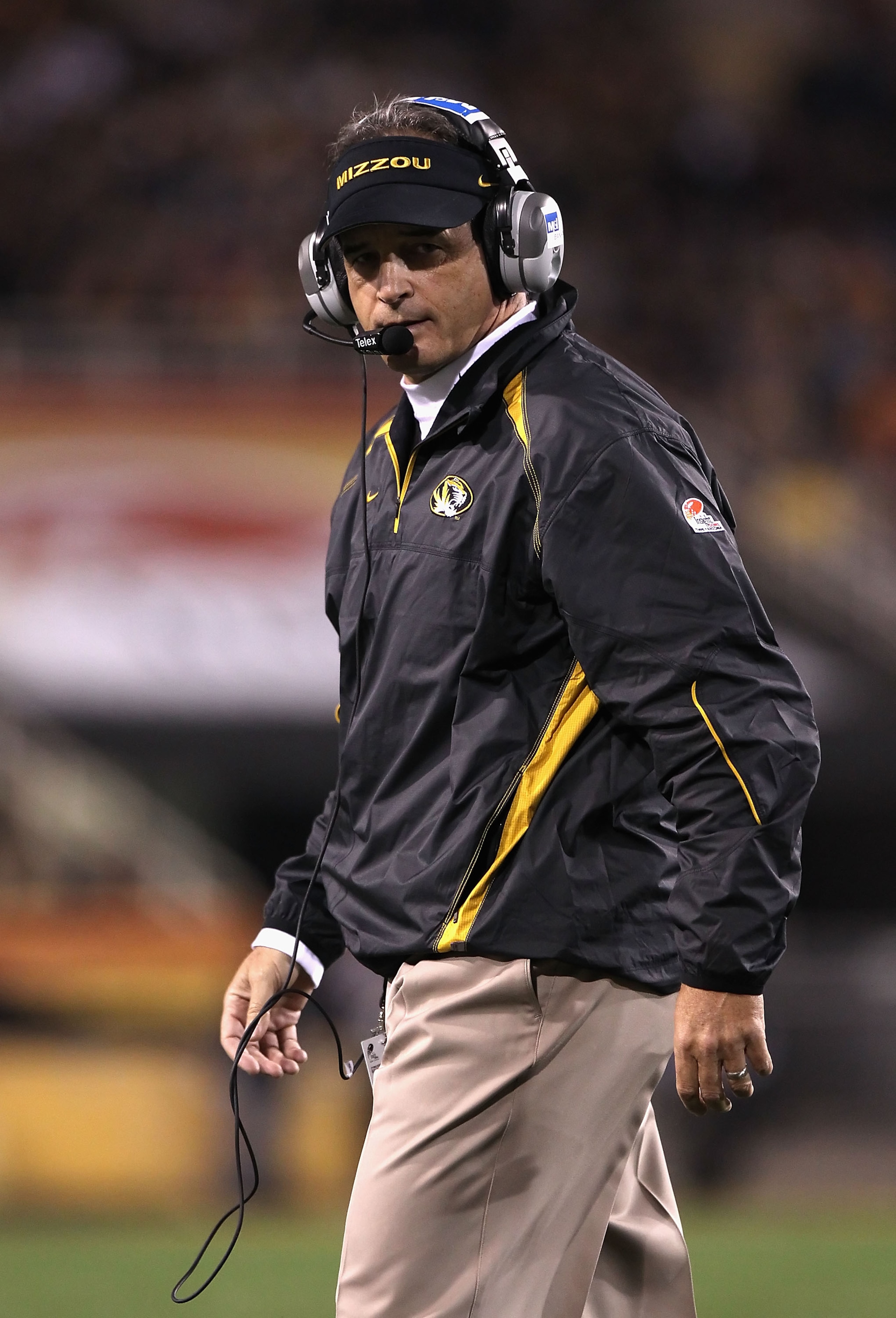 TEMPE, AZ - DECEMBER 28: Head coach Gary Pinkel of the Missouri Tigers reacts on the sidelines during the Insight Bowl against the Iowa Hawkeyes at Sun Devil Stadium on December 28, 2010 in Tempe, Arizona. The Hawkeyes defeated the Tigers 27-24. (Photo TEMPE, AZ - DECEMBER 28: Head coach Gary Pinkel of the Missouri Tigers reacts on the sidelines during the Insight Bowl against the Iowa Hawkeyes at Sun Devil Stadium on December 28, 2010 in Tempe, Arizona. The Hawkeyes defeated the Tigers 27-24. (Photo