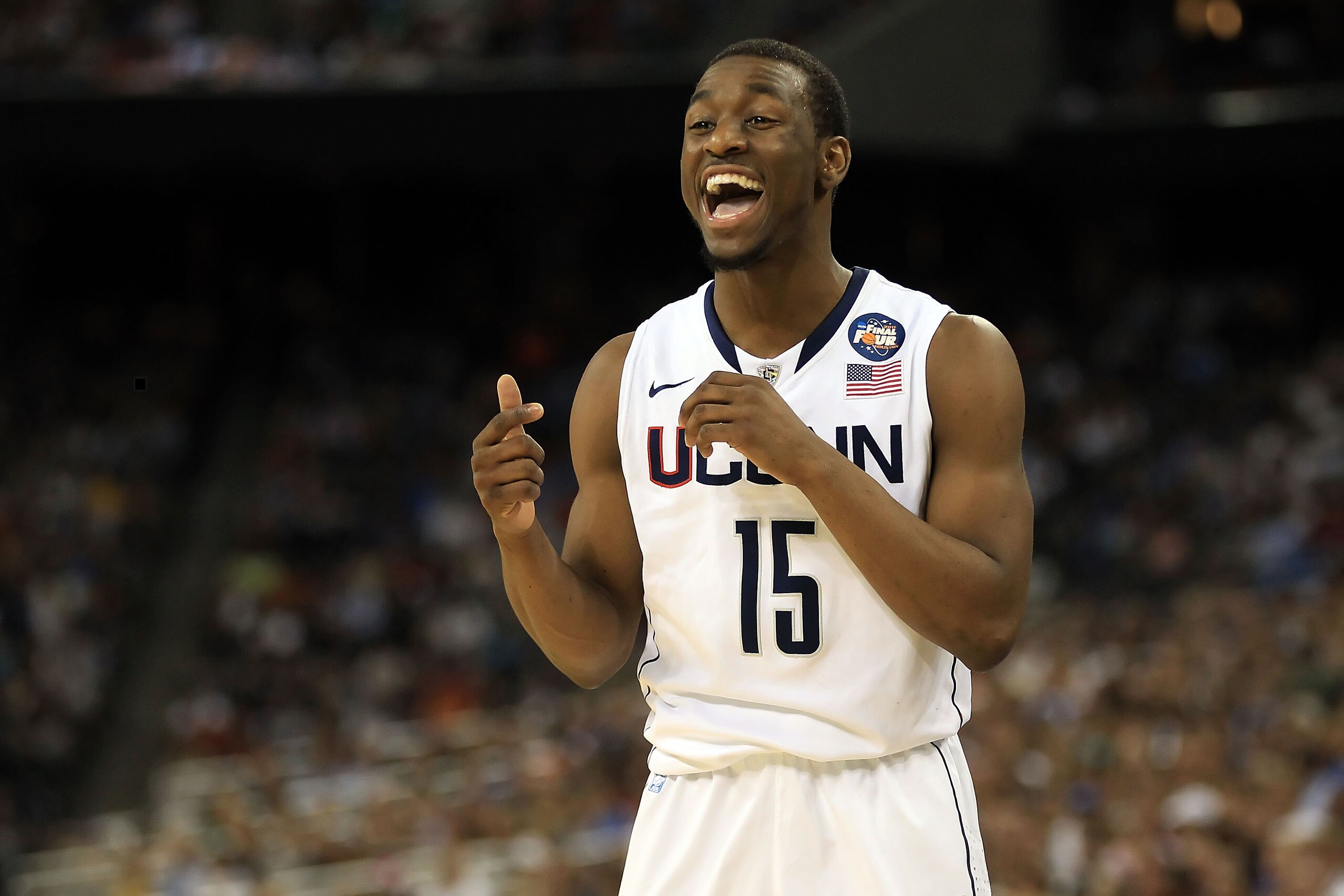 HOUSTON, TX - APRIL 04:  Kemba Walker #15 of the Connecticut Huskies reacts after a play against the Butler Bulldogs during the National Championship Game of the 2011 NCAA Division I Men's Basketball Tournament at Reliant Stadium on April 4, 2011 in Houst
