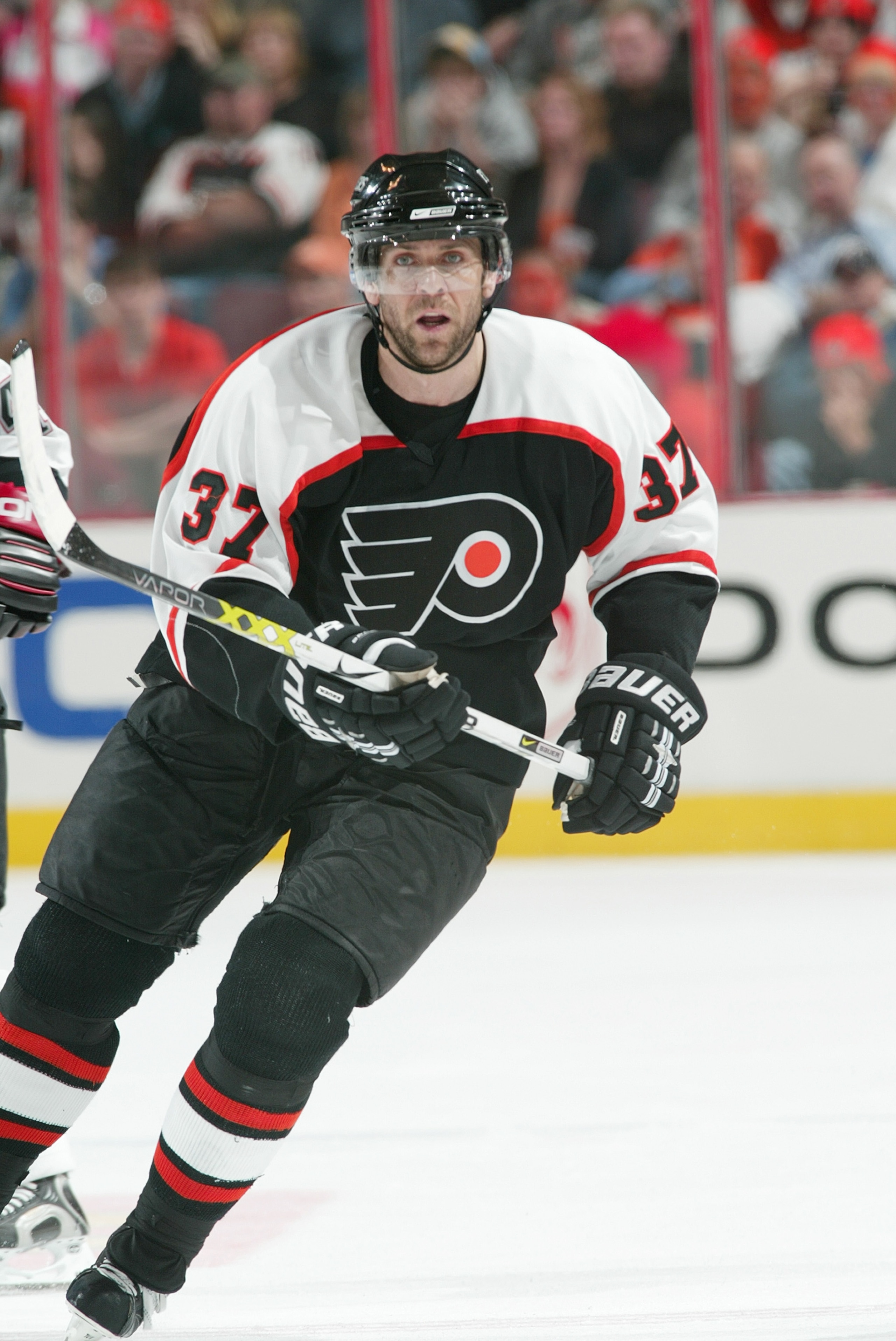 PHILADELPHIA - MAY 2:  Eric Desjardins #37 of the Philadelphia Flyers skates against the Buffalo Sabres in game six of the Eastern Conference Quarterfinals during the 2006 NHL Playoffs at the Wachovia Center on May 2, 2006 in Philadelphia, Pennsylvania. T