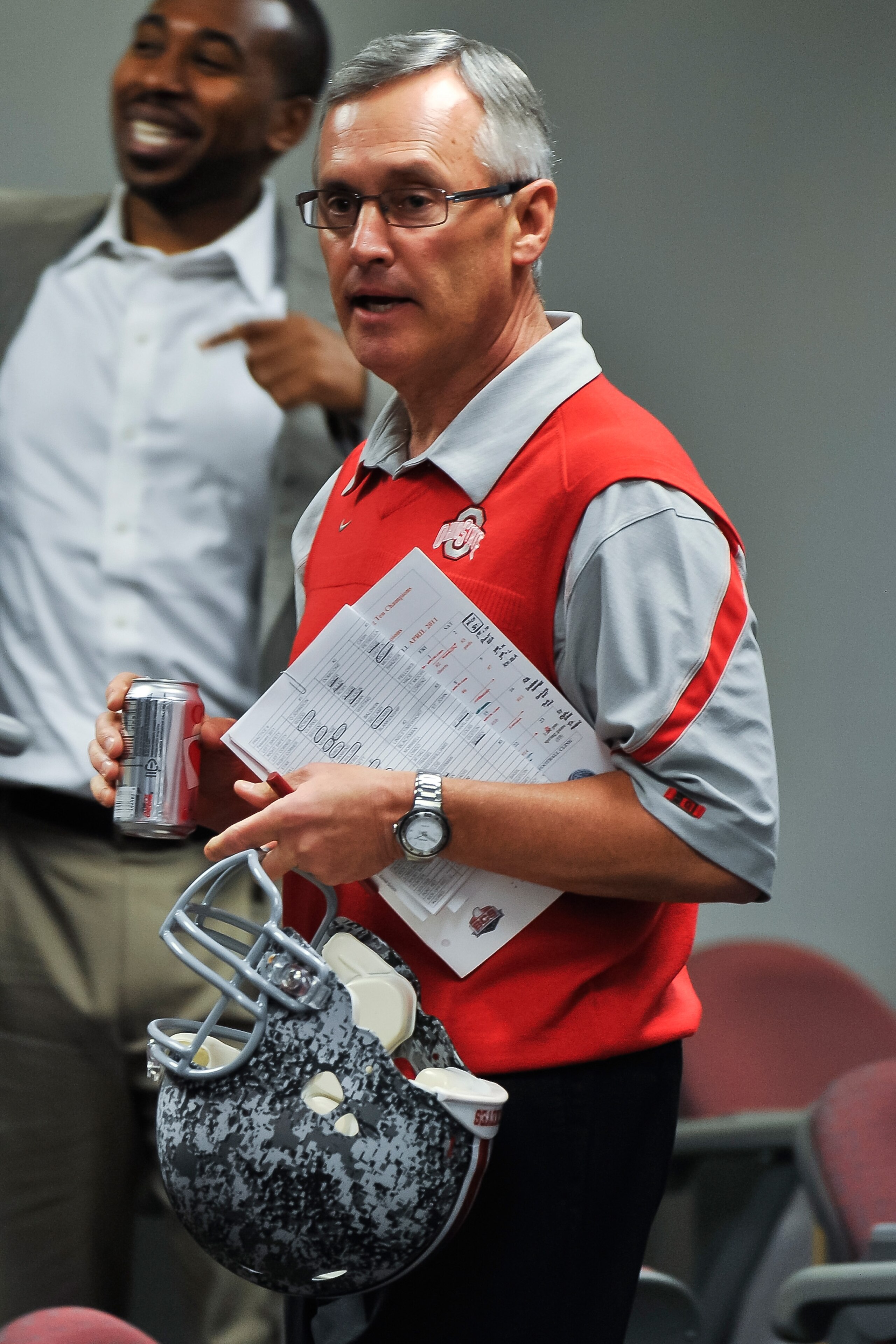 COLUMBUS, OH - MARCH 30:  Head Coach Jim Tressel speaks to the media during a press conference before the start of Spring practices at the Woody Hayes Athletic Center at The Ohio State University on March 30, 2011 in Columbus, Ohio. (Photo by Jamie Sabau/
