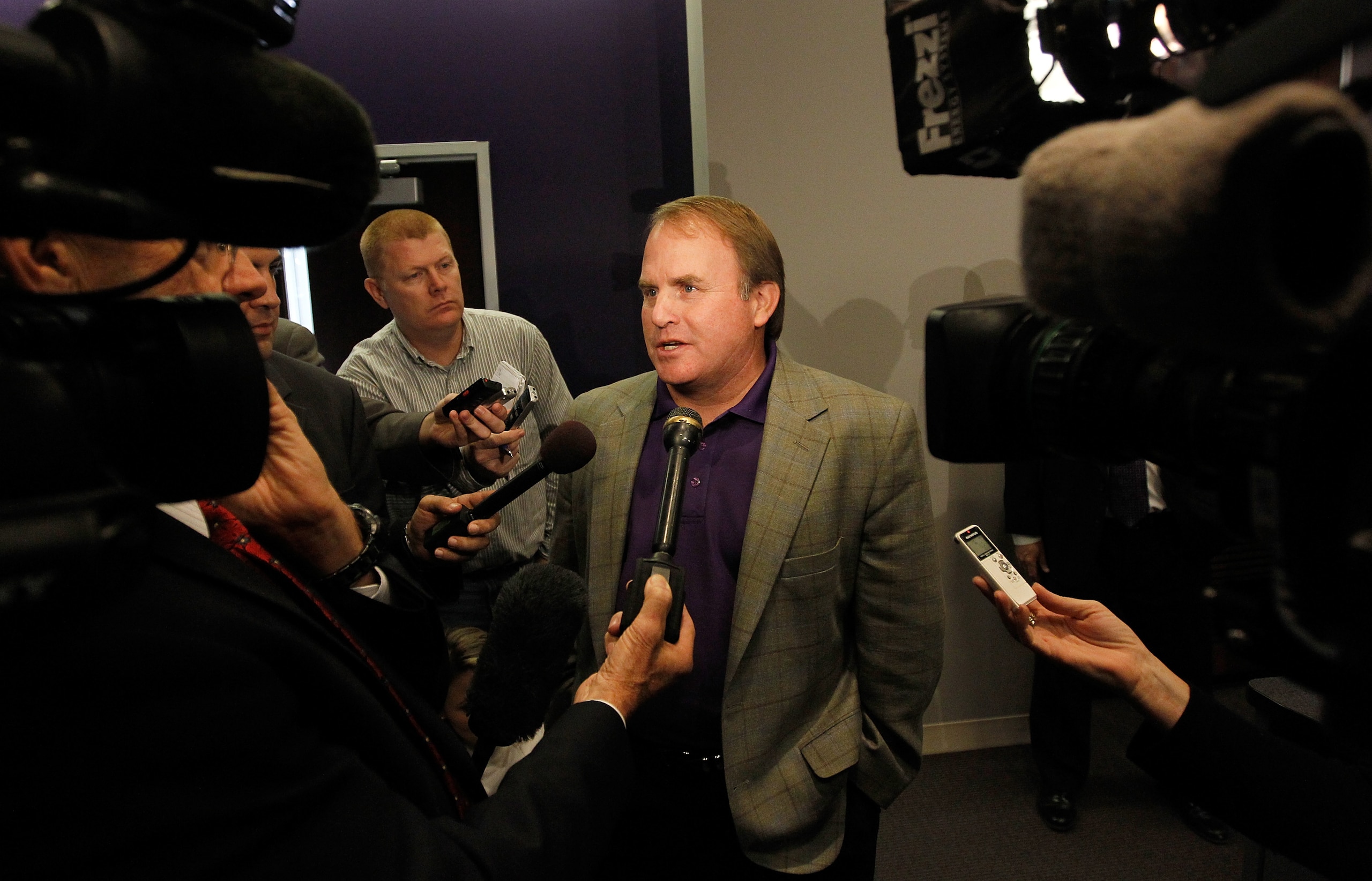 DALLAS - NOVEMBER 29:  Texas Christian University head football coach Gary Patterson talks with the media after TCU accepted an invitation for full membership into The Big East Conference on November 29, 2010 in Fort Worth, Texas.  TCU will leave the Moun