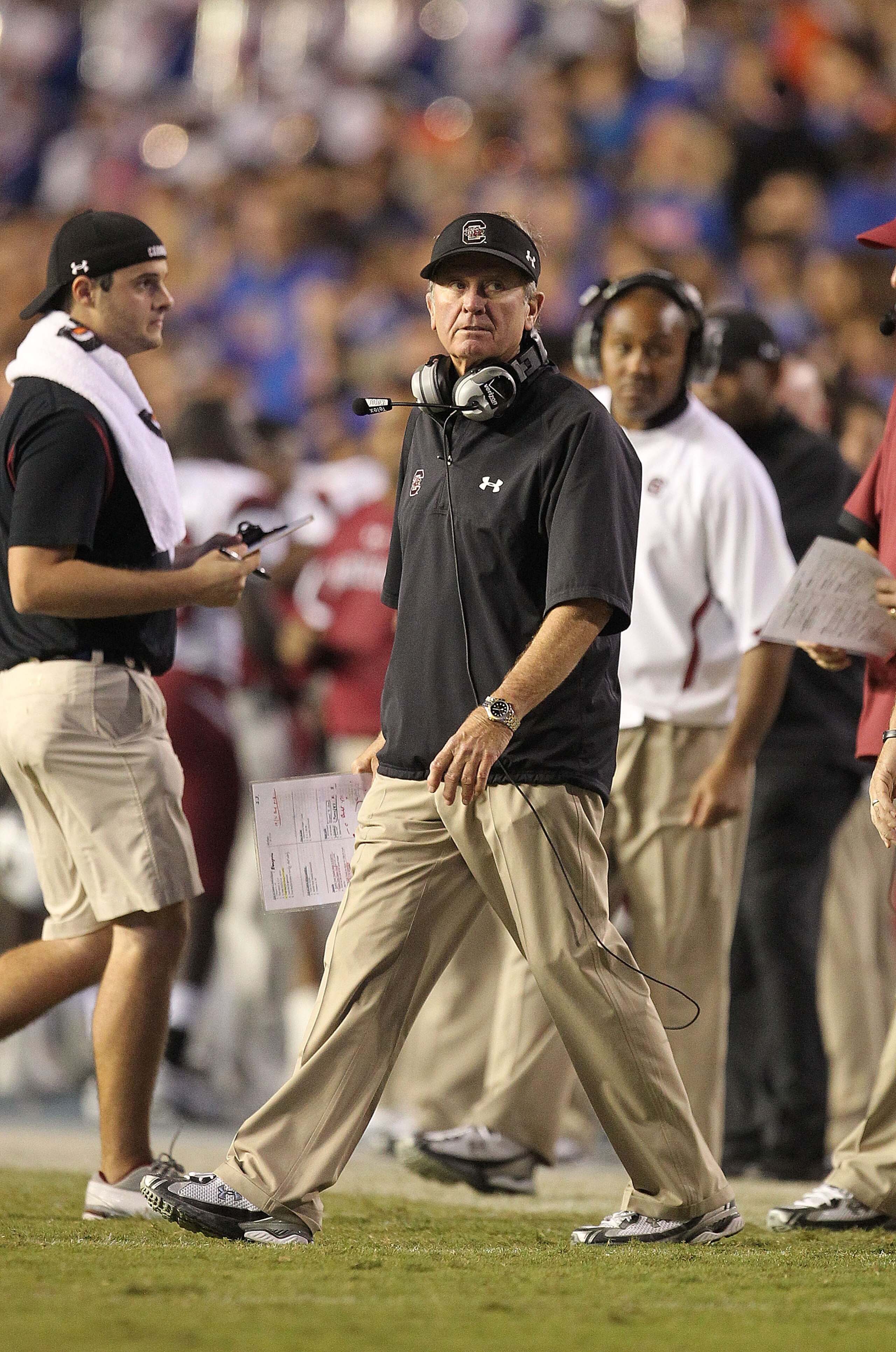 GAINESVILLE, FL - NOVEMBER 13:  South Carolina Gamecocks head coach Steve Spurrier watches his players during a game against the Florida Gators at Ben Hill Griffin Stadium on November 13, 2010 in Gainesville, Florida. The Gamecocks beat the Gators 36-14.