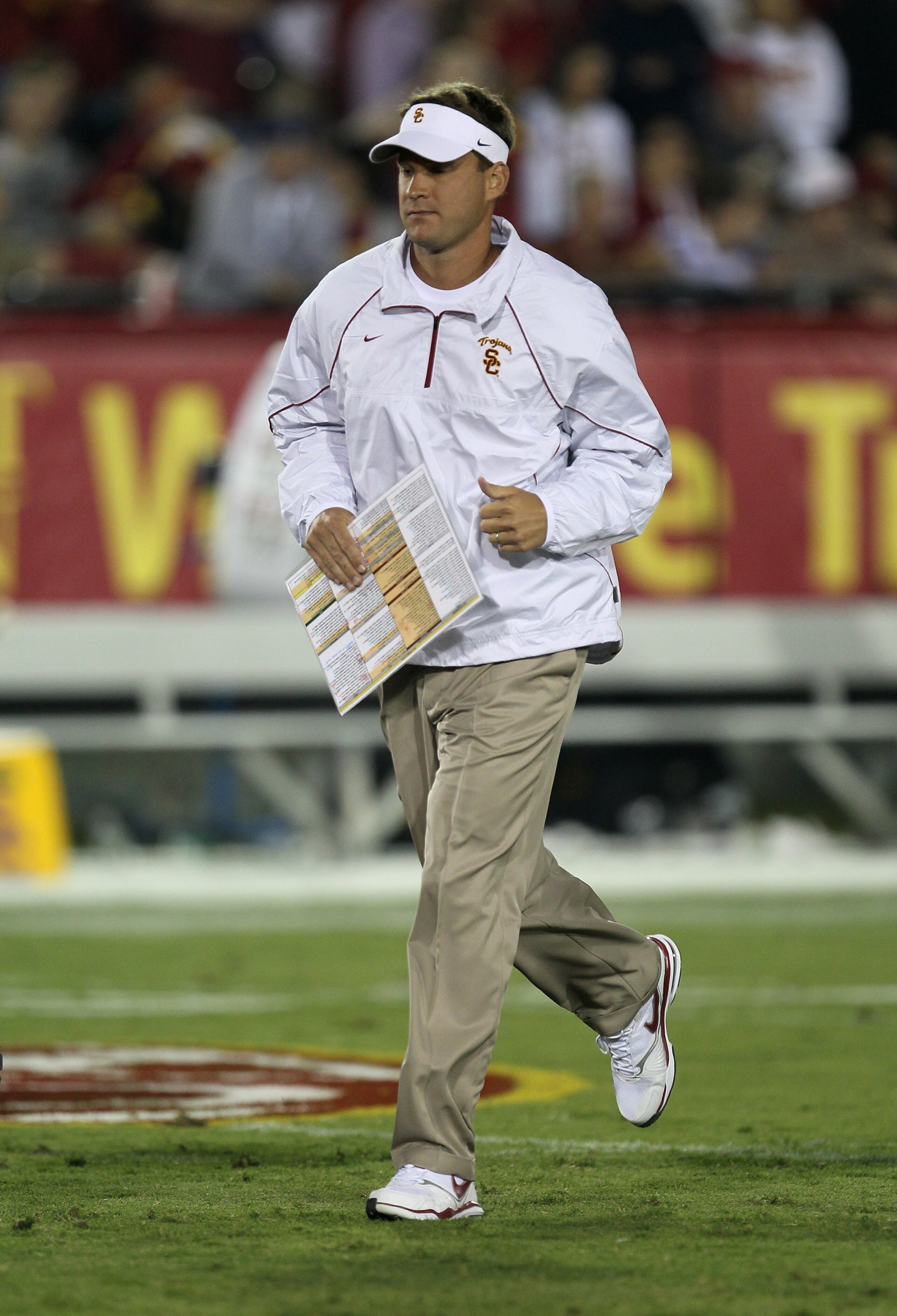 LOS ANGELES, CA - SEPTEMBER 11:  Head coach Lane Kiffin of the USC Trojans on the field during the game with the Virginia Cavaliers at Los Angeles Memorial Coliseum on September 11, 2010 in Los Angeles, California.  (Photo by Stephen Dunn/Getty Images)