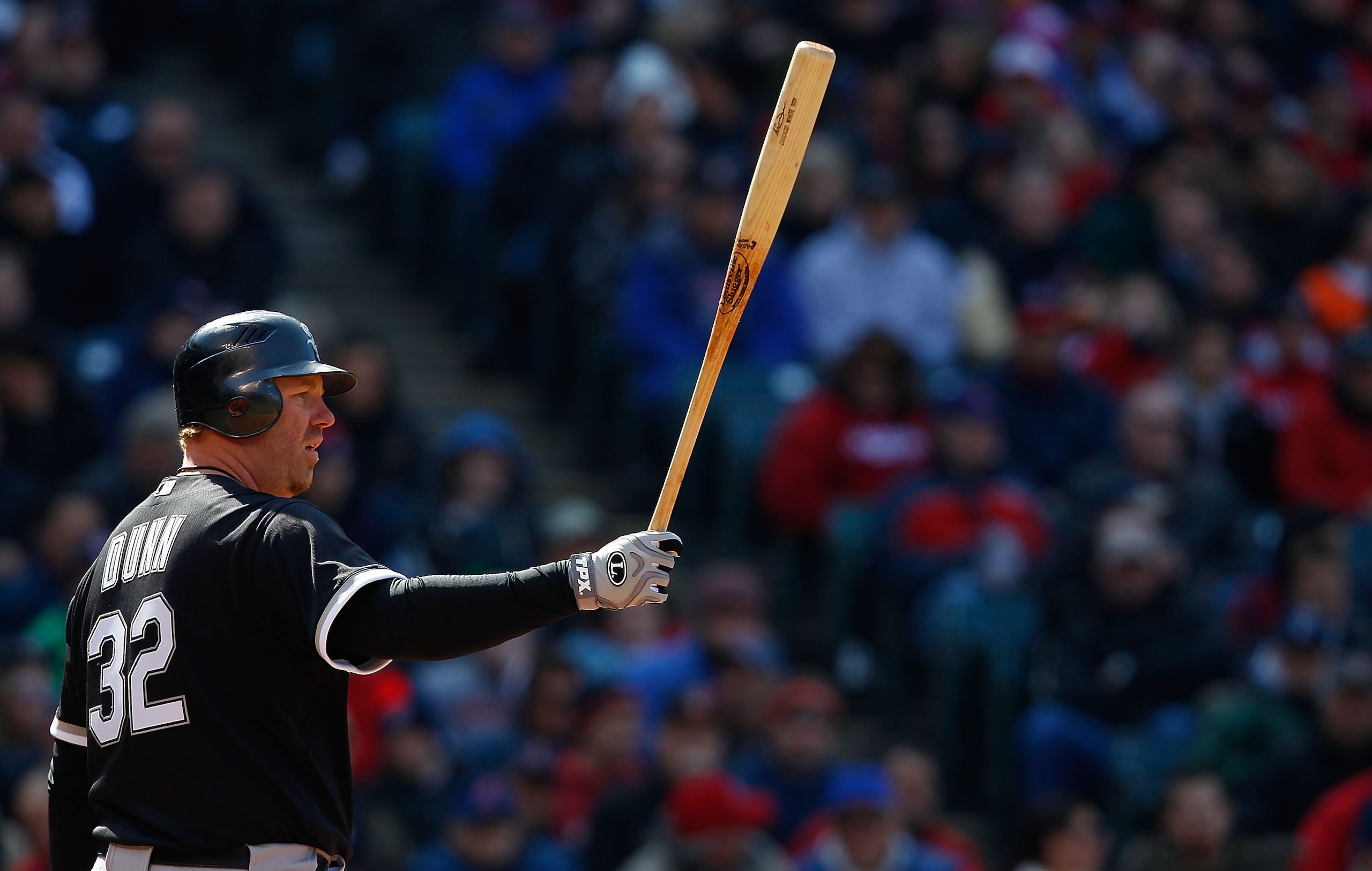 CLEVELAND - APRIL 01:  Adam Dunn #32 of the Chicago White Sox readies himself before the pitch against the Cleveland Indians  during the Opening Day game on April 1, 2011 at Progressive Field in Cleveland, Ohio.  (Photo by Jared Wickerham/Getty Images)