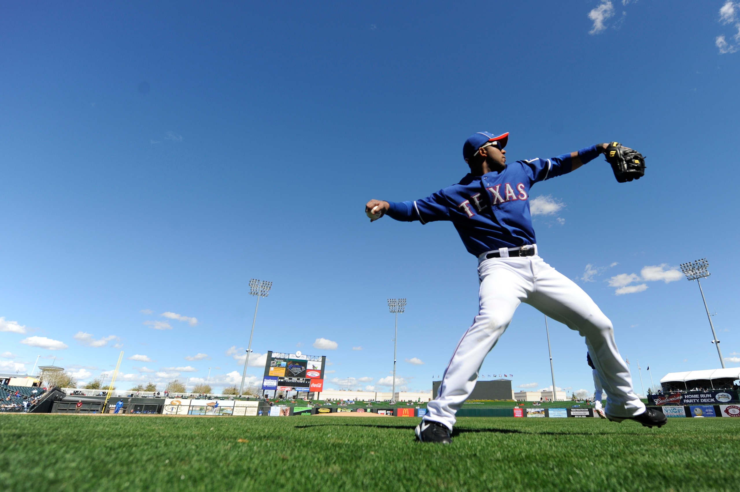 SURPISE, AZ - FEBRUARY 27: Elvis Andrus #1 of the Texas Rangers warms up before a spring training game against the Kansas City Royals at Surprise Stadium on February 27, 2011 in Surprise, Arizona. (Photo by Rob Tringali/Getty Images)