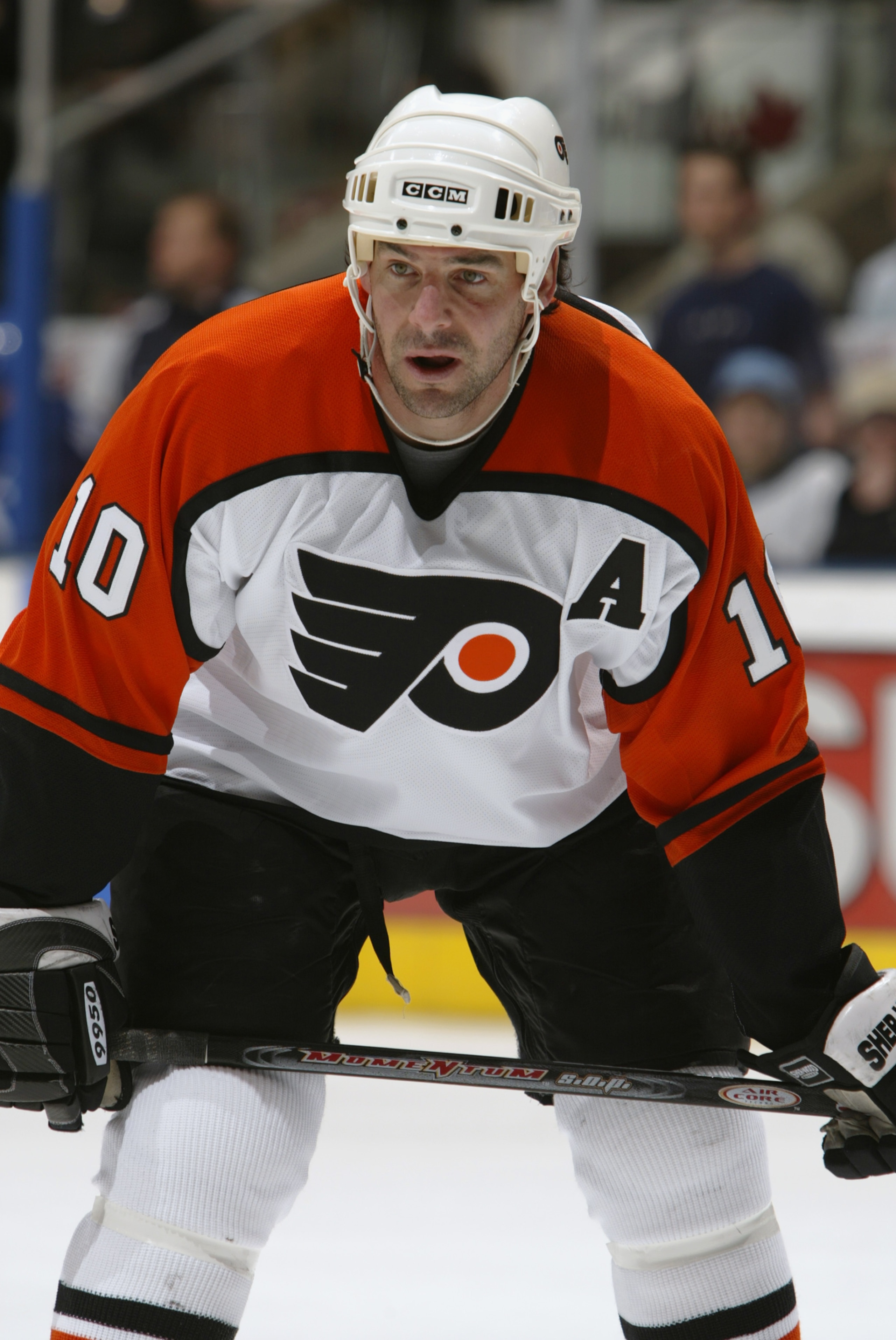 TORONTO - JANUARY 17:  John LeClair #10 of the Philadelphia Flyers lines up for the faceoff against the Toronto Maple Leafs during the game at Air Canada Centre on January 17, 2004 in Toronto, Ontario, Canada.  The Flyers defeated the Maple Leafs 4-0.  (P