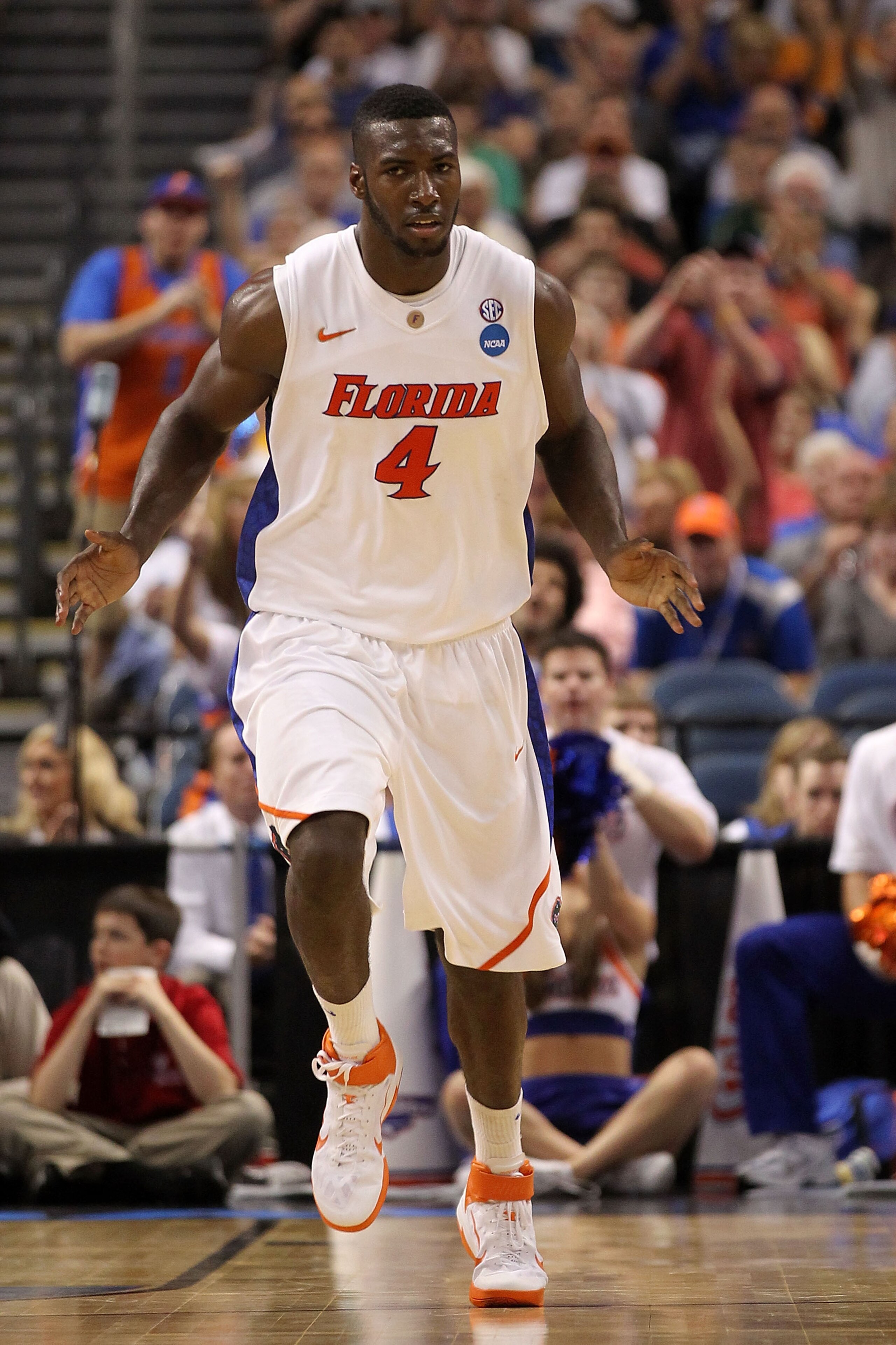 TAMPA, FL - MARCH 19:  Patric Young #4 of the Florida Gators reacts against the UCLA Bruins during the third round of the 2011 NCAA men's basketball tournament at St. Pete Times Forum on March 19, 2011 in Tampa, Florida.  (Photo by Mike Ehrmann/Getty Imag