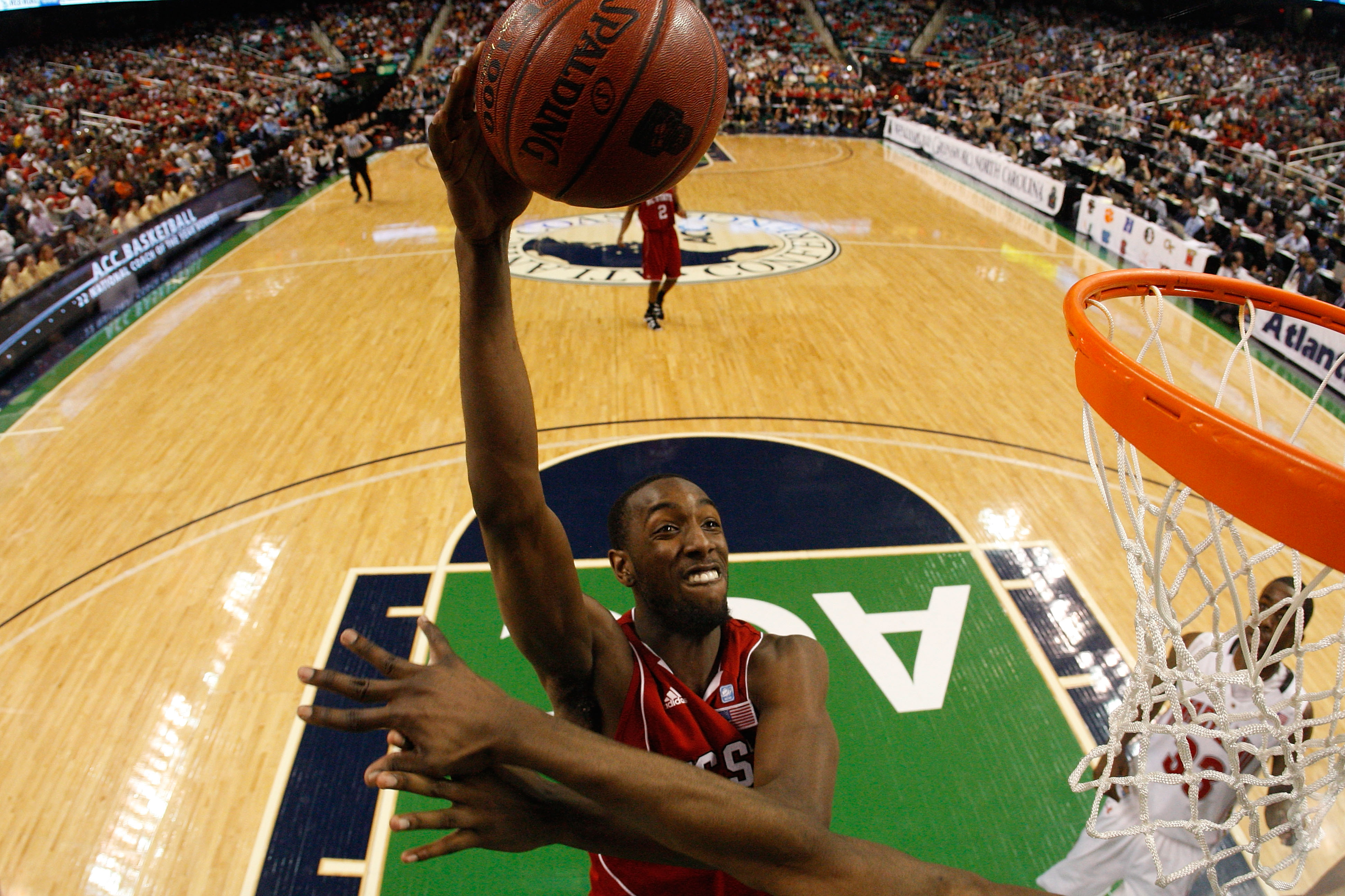 GREENSBORO, NC - MARCH 10:  C.J. Leslie #5 of the North Carolina State Wolfpack shoots against the Maryland Terrapins during the second half of the game in the first round of the 2011 ACC men's basketball tournament at the Greensboro Coliseum on March 10,
