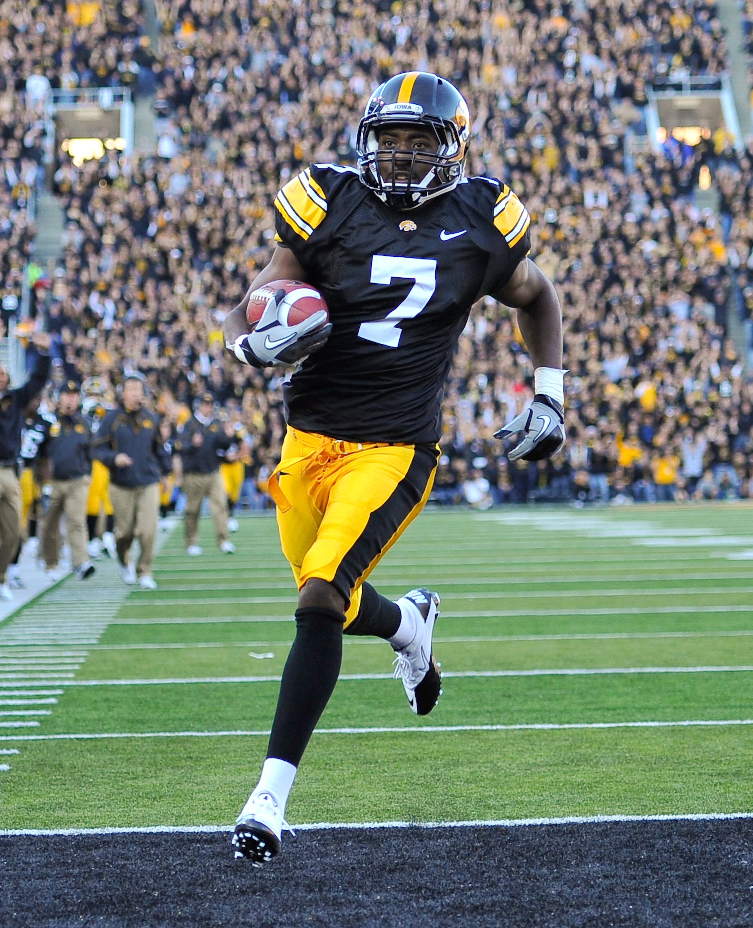 IOWA CITY, IA - OCTOBER 30- Wide receiver Marvin McNutt #7 of the University of Iowa Hawkeyes runs into the end zone for a touch down during the second half of play against the Michigan State Spartans at Kinnick Stadium on October 30, 2010 in Iowa City, I