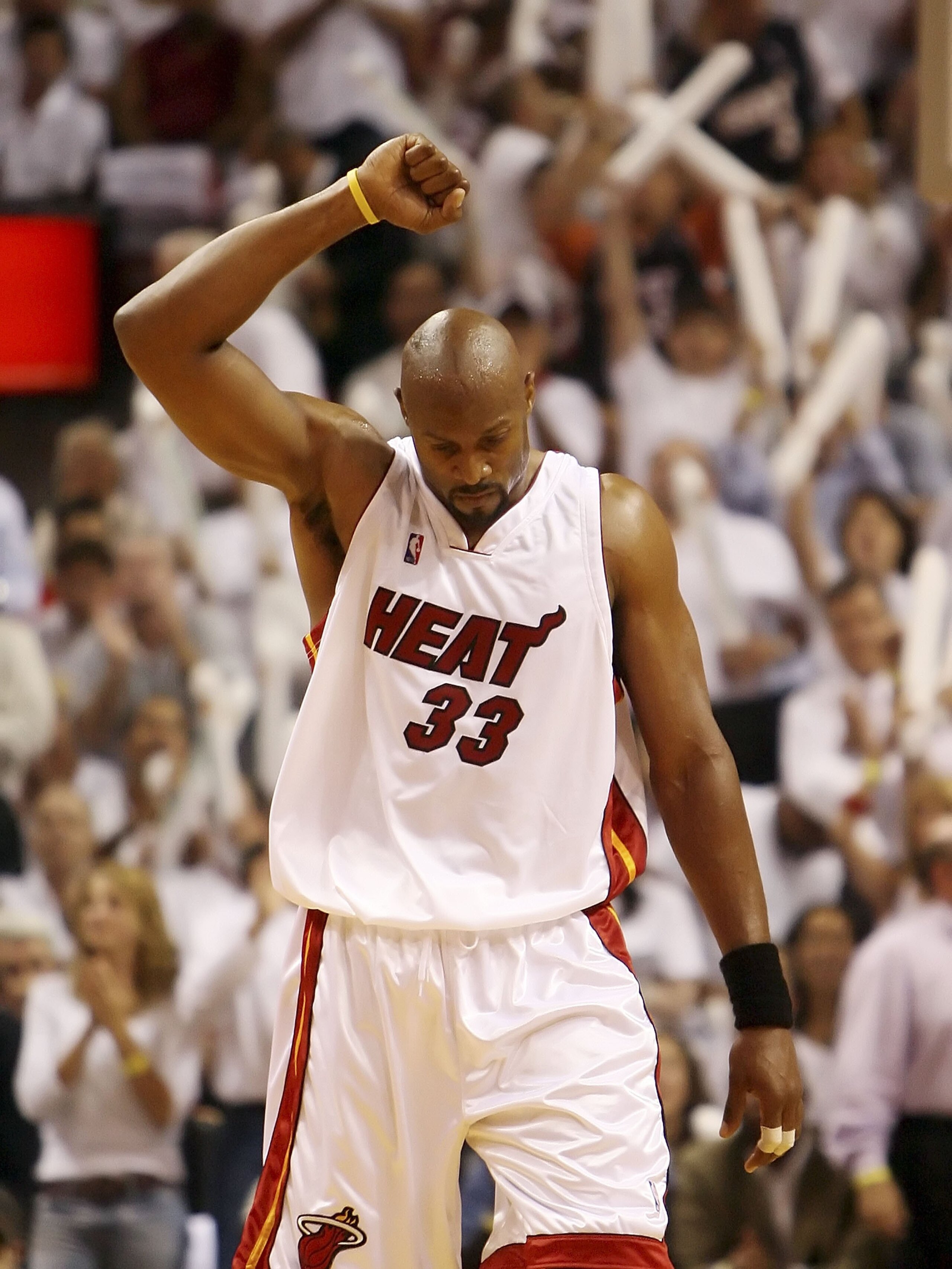MIAMI - MAY 16:  Alonzo Mourning #33 of the Miami Heat celebrates after the Heat call a timeout in the third quarter against the New Jersey Nets in game five of the Eastern Conference Semifinals during the 2006 NBA Playoffs on May 16, 2006 at the American