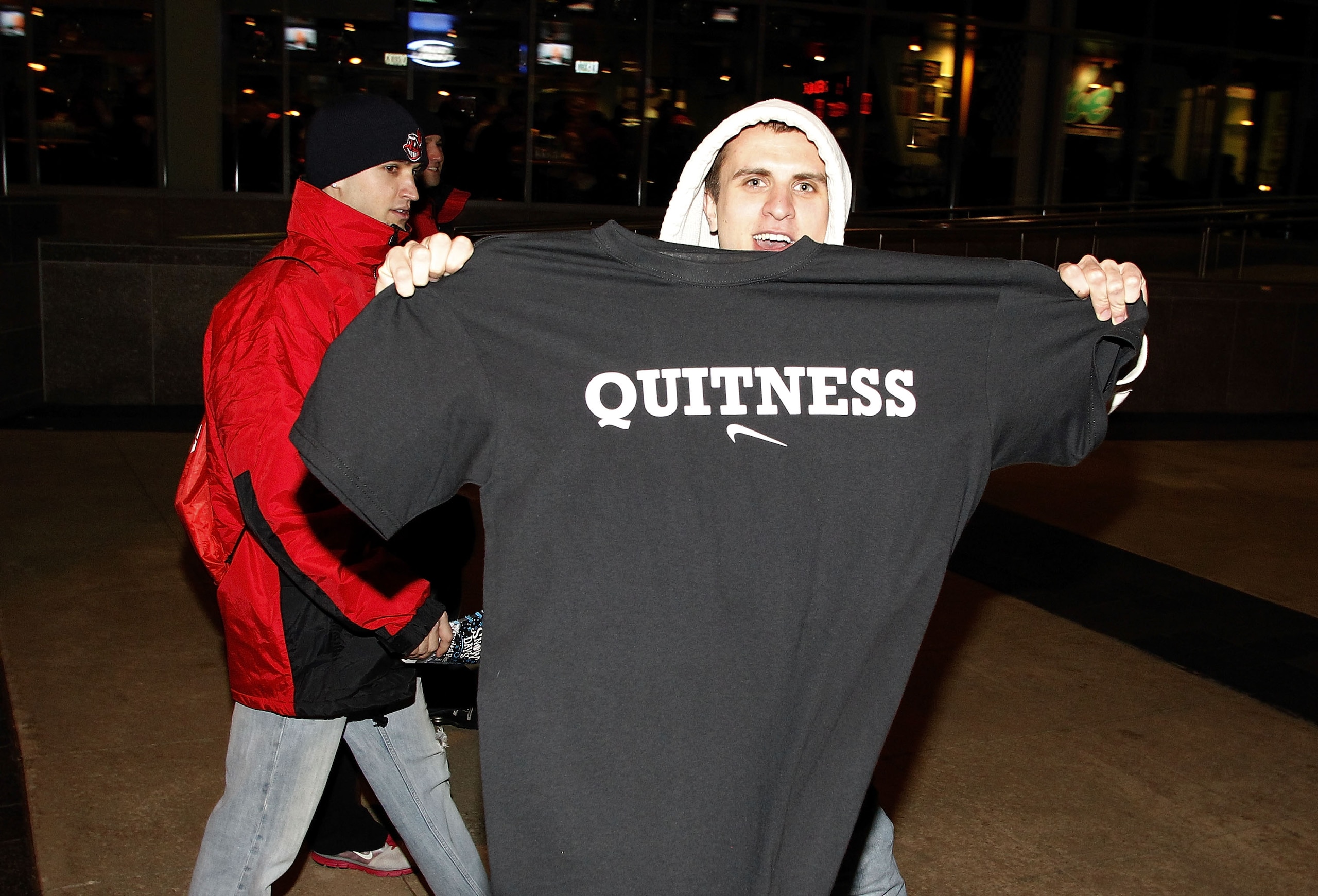 CLEVELAND, OH - DECEMBER 02:  Fans hold up t shirts to show their displeasure with LeBron James prior to the Cleveland Cavaliers playing the Miami Heat at Quicken Loans Arena on December 2, 2010 in Cleveland, Ohio. NOTE TO USER: User expressly acknowledge