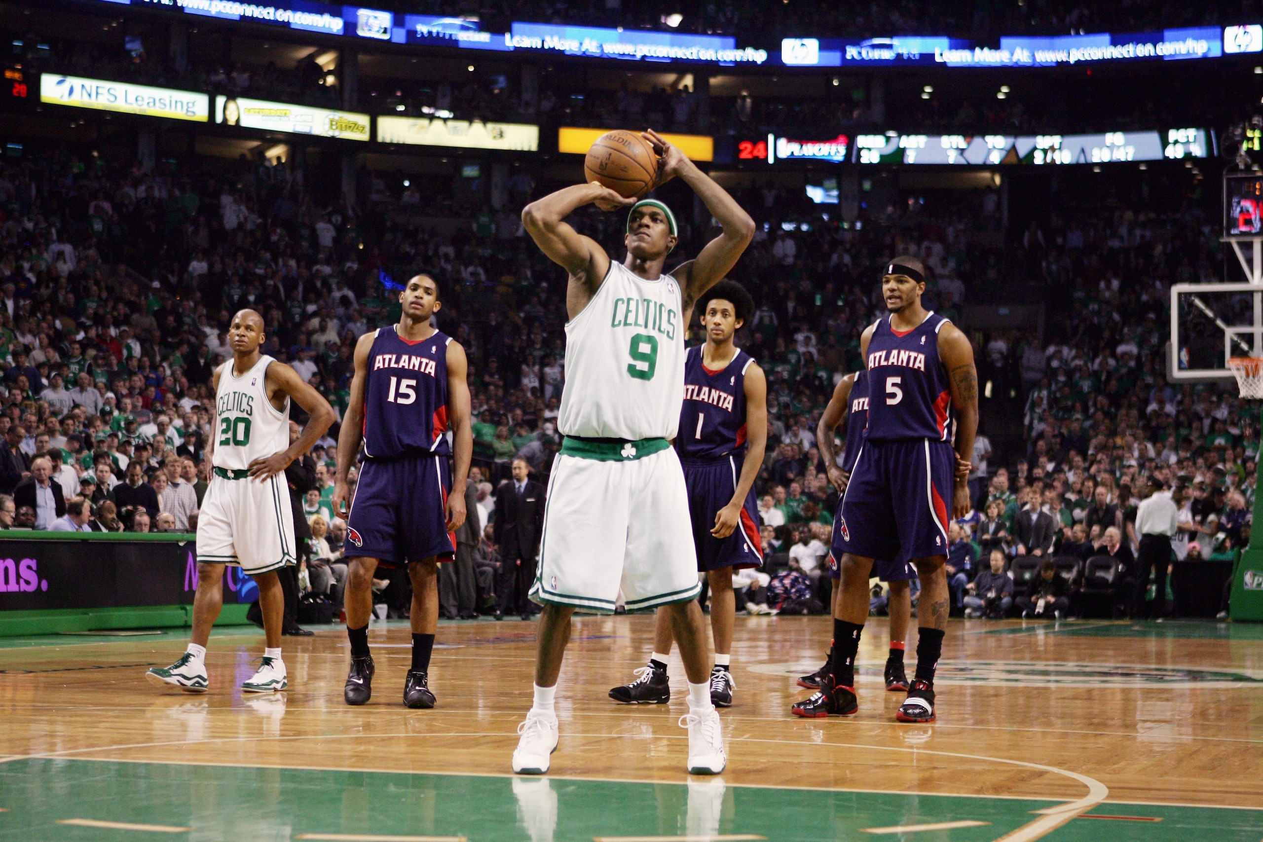 BOSTON - MAY 4:  Rajon Rondo #9 of the Boston Celtics shoots a free throw after a flagrant 2 foul that got Marvin Williams of the Atlanta Hawks ejected from the game in Game Seven of the Eastern Conference Quarterfinals during the 2008 NBA Playoffs at the