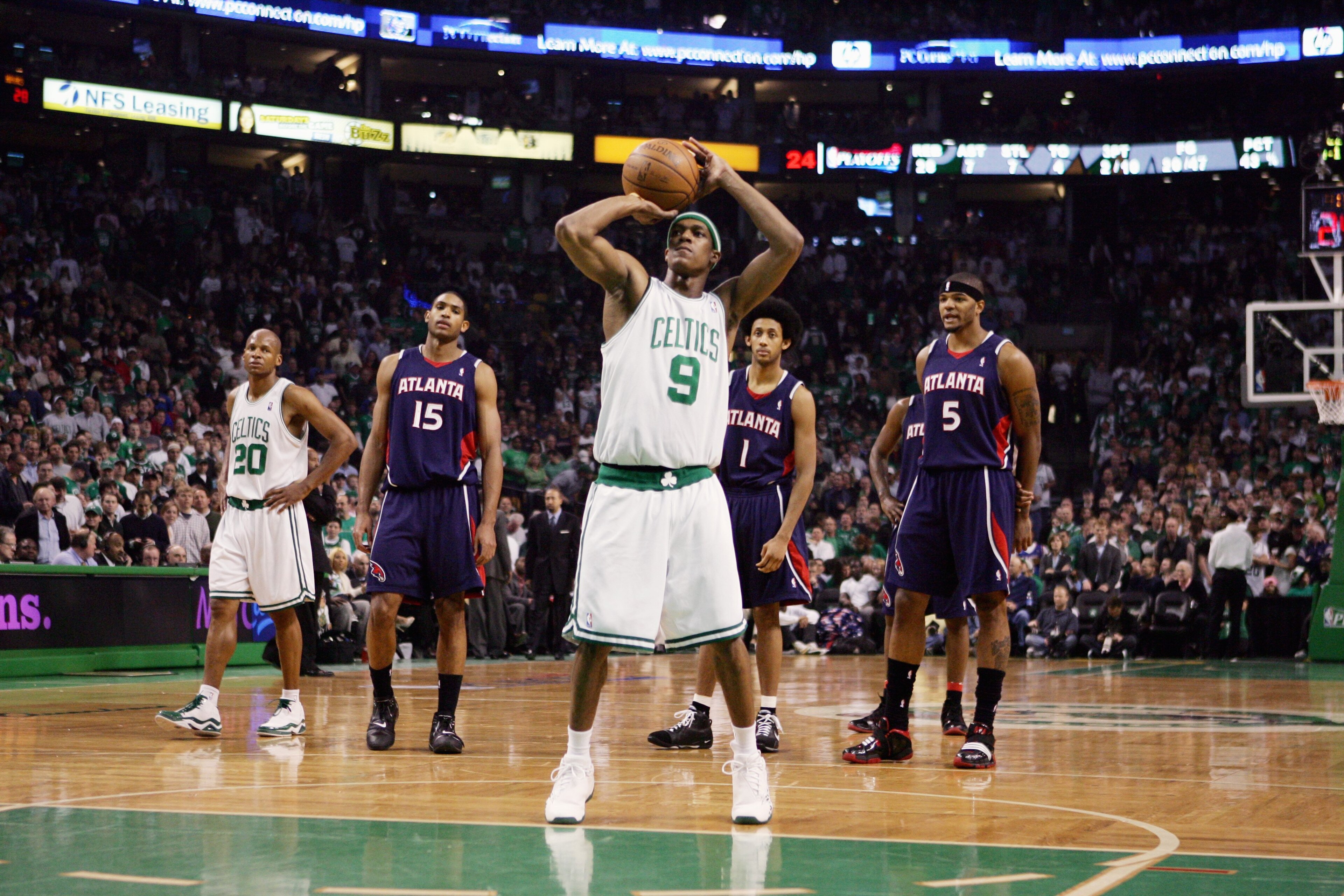 BOSTON - MAY 4:  Rajon Rondo #9 of the Boston Celtics shoots a free throw after a flagrant 2 foul that got Marvin Williams of the Atlanta Hawks ejected from the game in Game Seven of the Eastern Conference Quarterfinals during the 2008 NBA Playoffs at the