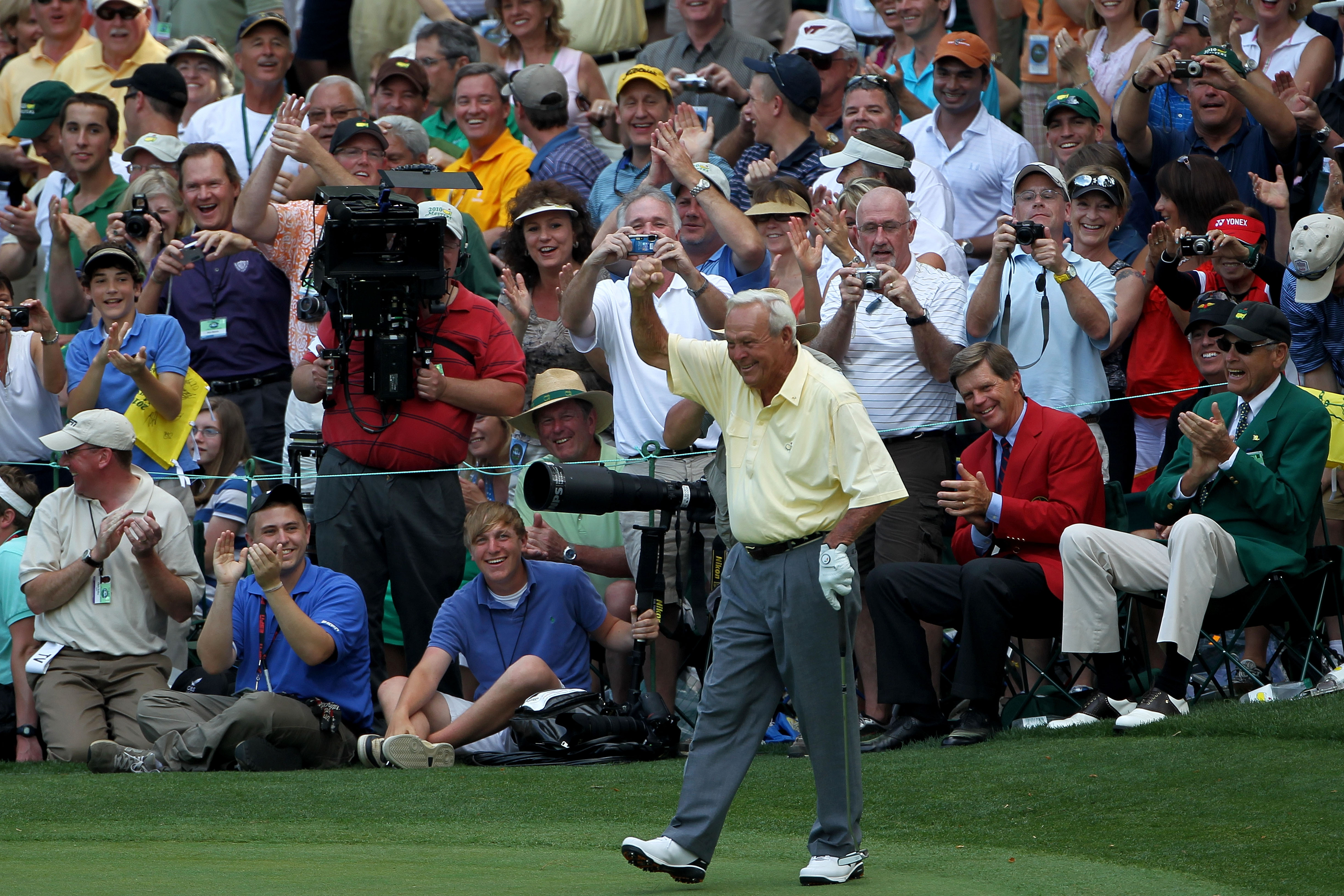 AUGUSTA, GA - APRIL 07:  Arnold Palmer celebrates after a long putt during the Par 3 Contest prior to the 2010 Masters Tournament at Augusta National Golf Club on April 7, 2010 in Augusta, Georgia.  (Photo by Jamie Squire/Getty Images)