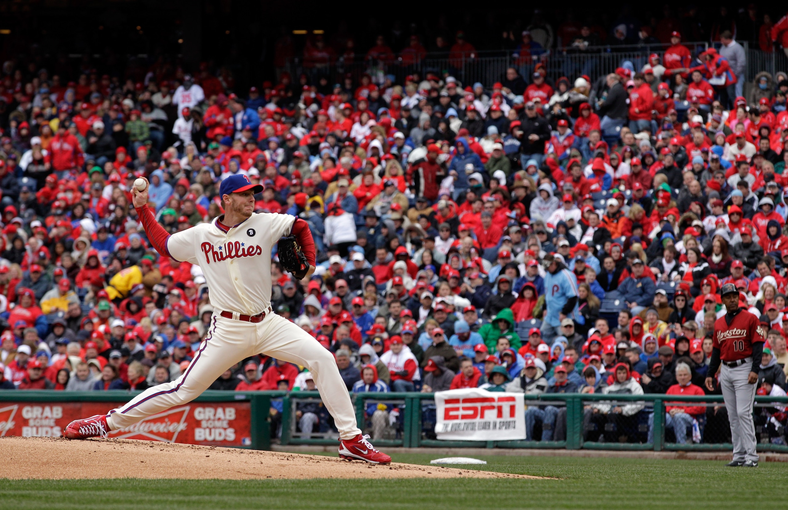 PHILADELPHIA, PA - APRIL 01:  Starting pitcher Roy Halladay #34 of the Philadelphia Phillies delivers to a Houston Astros batter during the second inningof opening day at Citizens Bank Park on April 1, 2011 in Philadelphia, Pennsylvania.  (Photo by Rob Ca