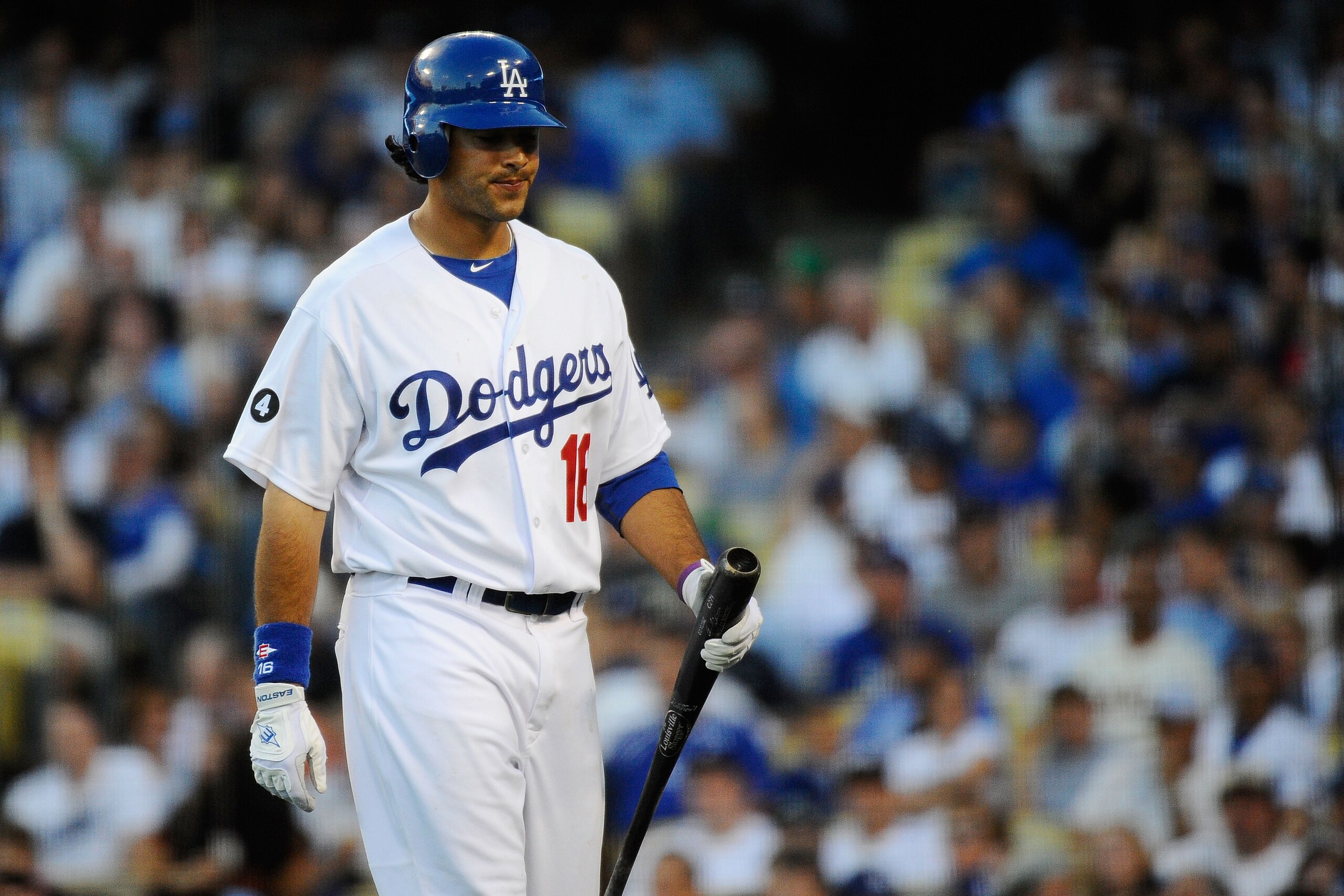 LOS ANGELES, CA - MARCH 31:  Andre Ethier #16 of the Los Angeles Dodgers reacts after striking out to Tim Lincecum #55 of the San Francisco Giants in the sixth inning on Opening Day at Dodger Stadium on March 31, 2011 in Los Angeles, California.  (Photo b