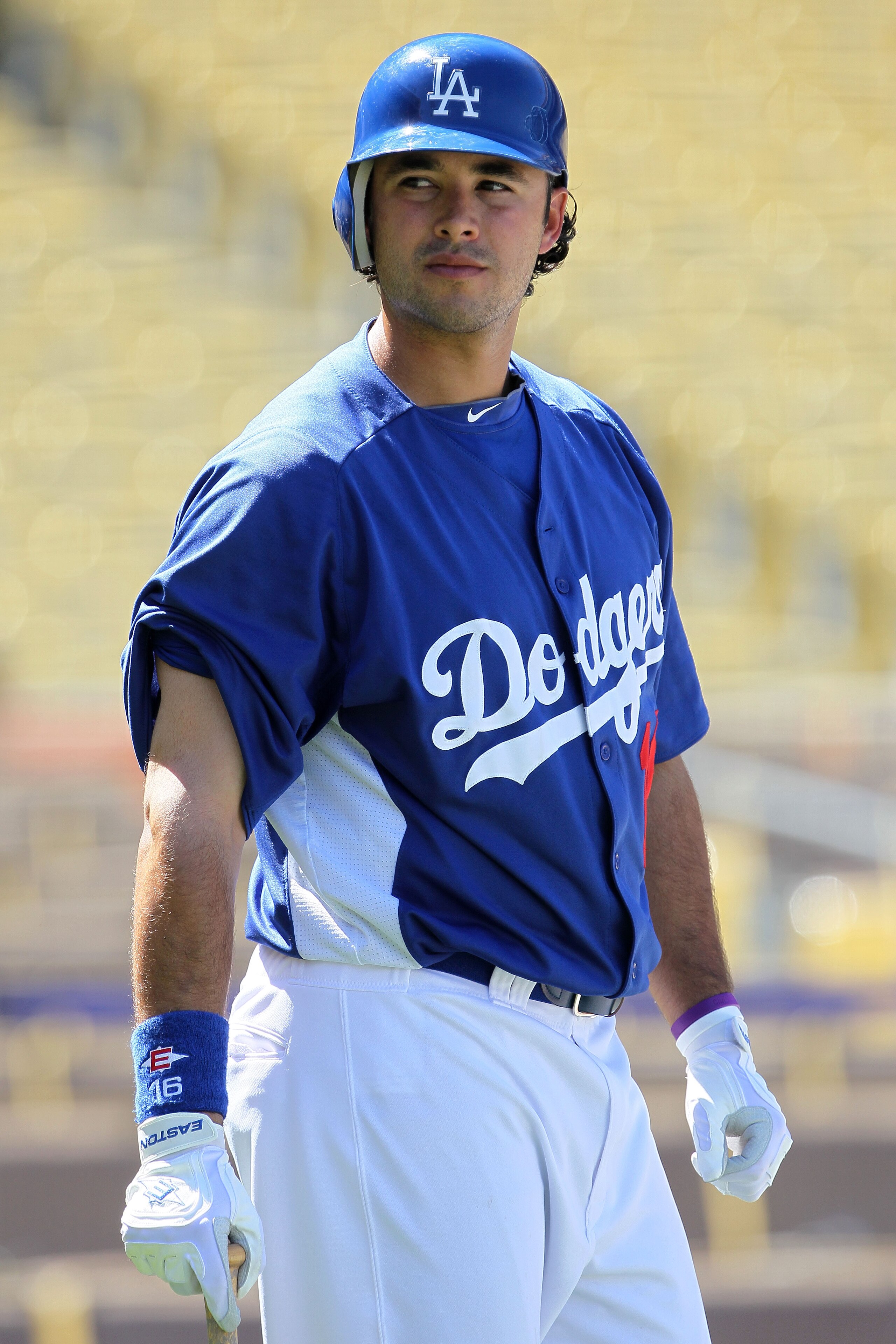 LOS ANGELES, CA - MARCH 31:  Andre Ethier #16 of the Los Angeles Dodgers looks on during batting practice on Opening Day prior to their game against the San Francisco Giants at Dodger Stadium on March 31, 2011 in Los Angeles, California.  (Photo by Jeff G