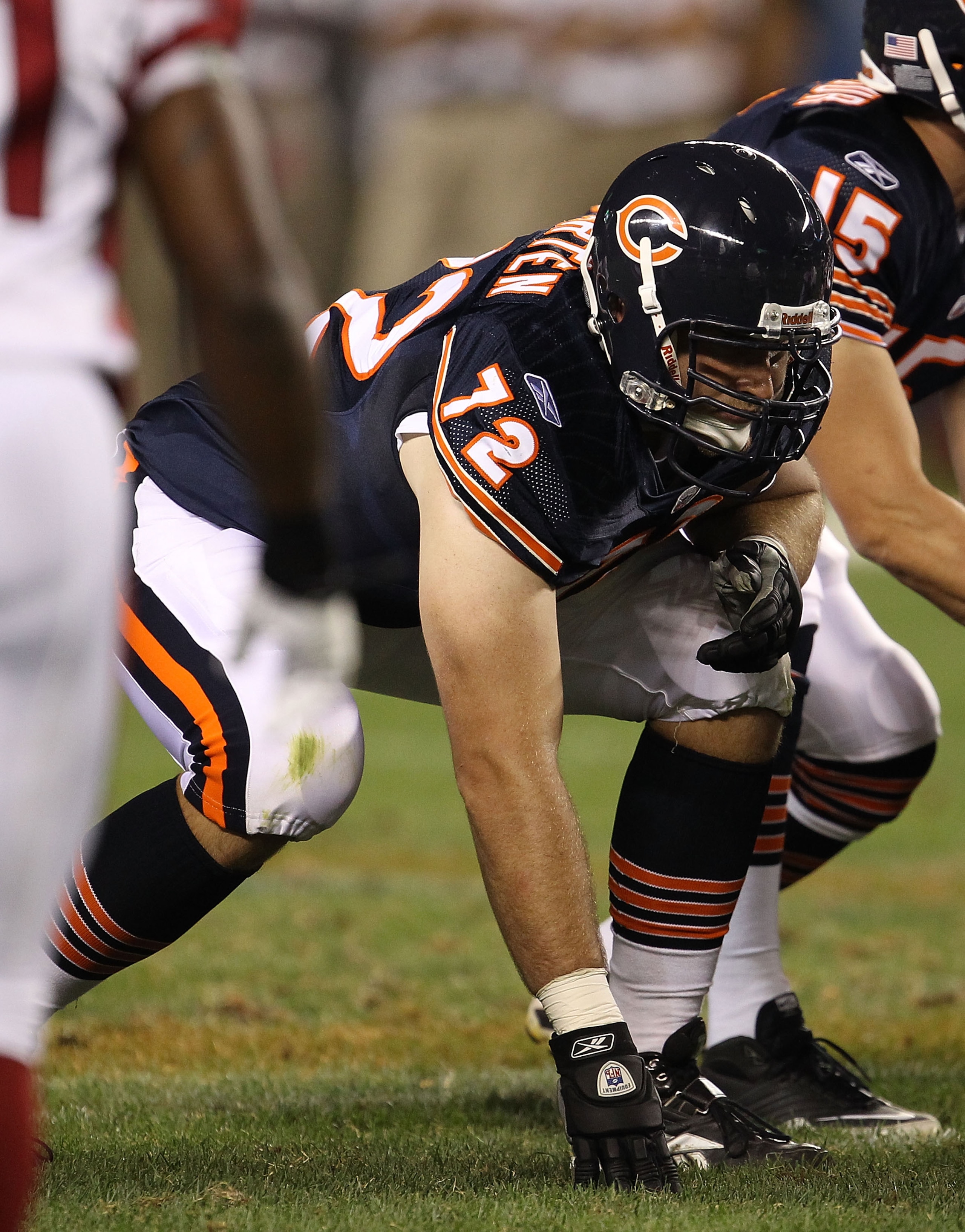 CHICAGO - AUGUST 28: James Marten #72 of the Chicago Bears awaits the start of play against the Arizona Cardinals during a preseason game at Soldier Field on August 28, 2010 in Chicago, Illinois. The Cardinals defeated the Bears 14-9. (Photo by Jonathan D