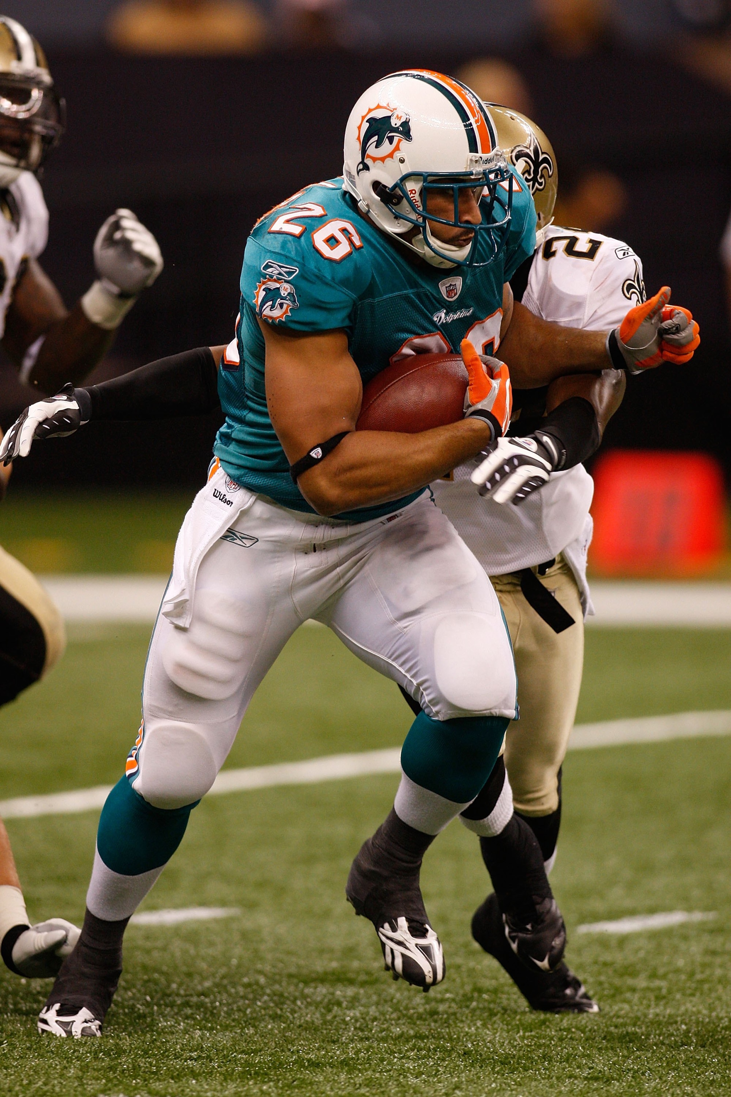 NEW ORLEANS - SEPTEMBER 03:  Lex Hilliard #26 of the Miami Dolphins during the game against the New Orleans Saints at the Louisiana Superdome on September 3, 2009 in New Orleans, Louisiana.  (Photo by Chris Graythen/Getty Images)