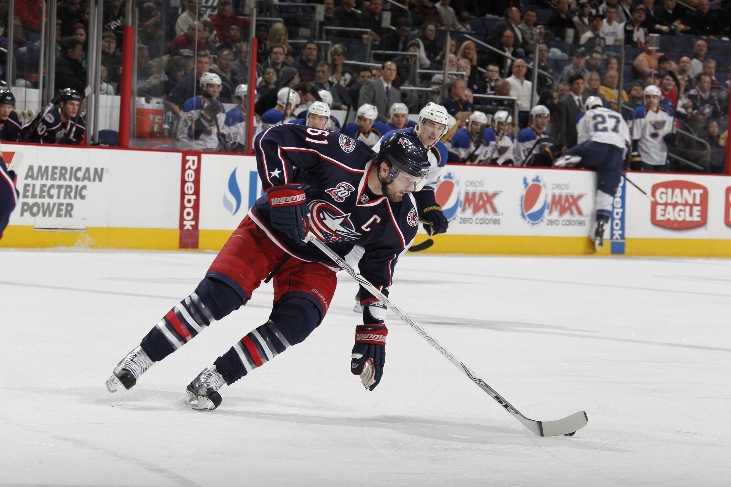 COLUMBUS, OH - MARCH 09:  Rick Nash #61 of the Columbus Blue Jackets skates against the St. Louis Blues on March 9, 2011 at Nationwide Arena in Columbus, Ohio.  (Photo by Gregory Shamus/Getty Images)