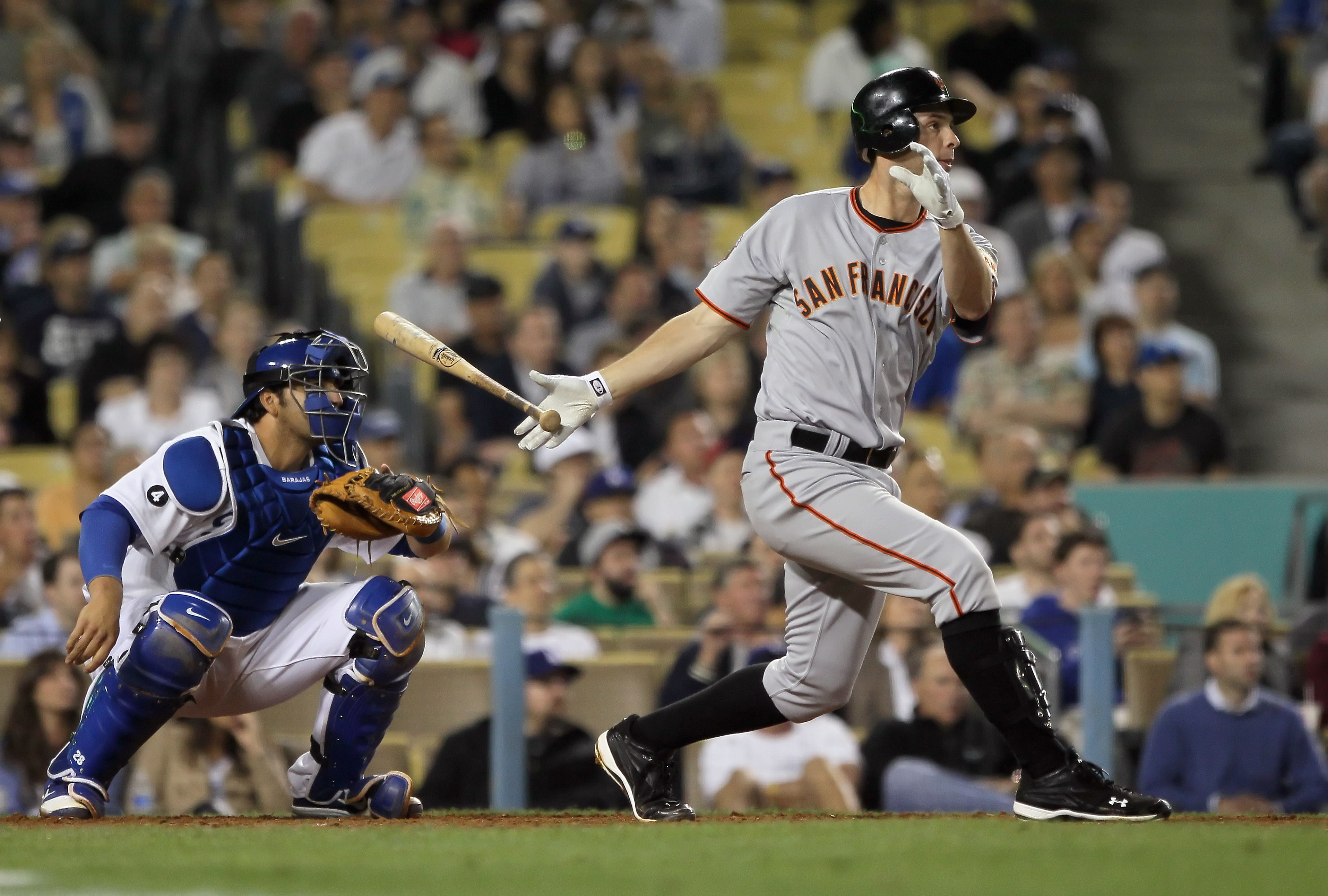 LOS ANGELES, CA - APRIL 01:  Brandon Belt #9 of the San Francisco Giants bats against the Los Angeles Dodgers at Dodger Stadium on April 1, 2011 in Los Angeles, California.  (Photo by Jeff Gross/Getty Images)