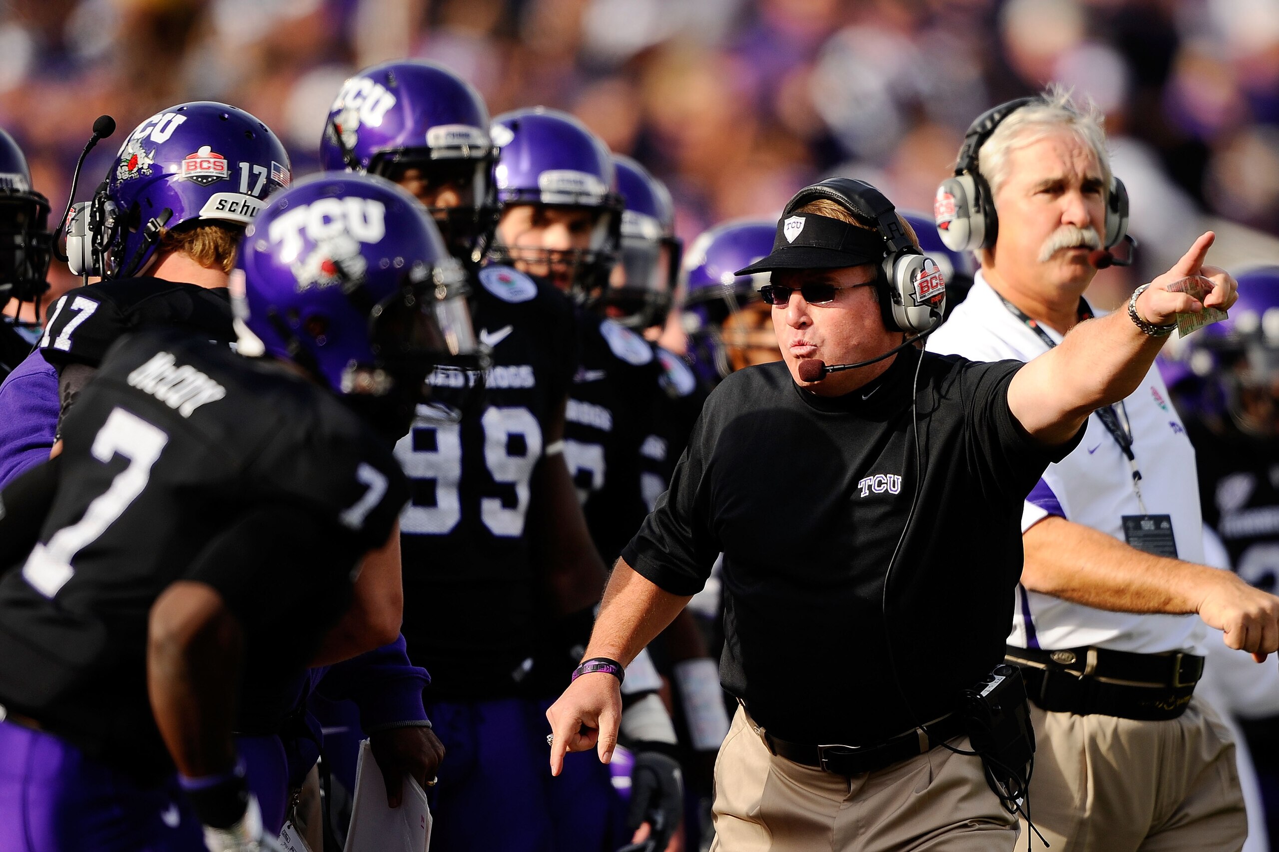 PASADENA, CA - JANUARY 01: Head coach Gary Patterson of the TCU Horned Frogs stands on the sidelines against the Wisconsin Badgers during the 97th Rose Bowl game on January 1, 2011 in Pasadena, California. (Photo by Kevork Djansezian/Getty Images) PASADENA, CA - JANUARY 01: Head coach Gary Patterson of the TCU Horned Frogs stands on the sidelines against the Wisconsin Badgers during the 97th Rose Bowl game on January 1, 2011 in Pasadena, California. (Photo by Kevork Djansezian/Getty Images)