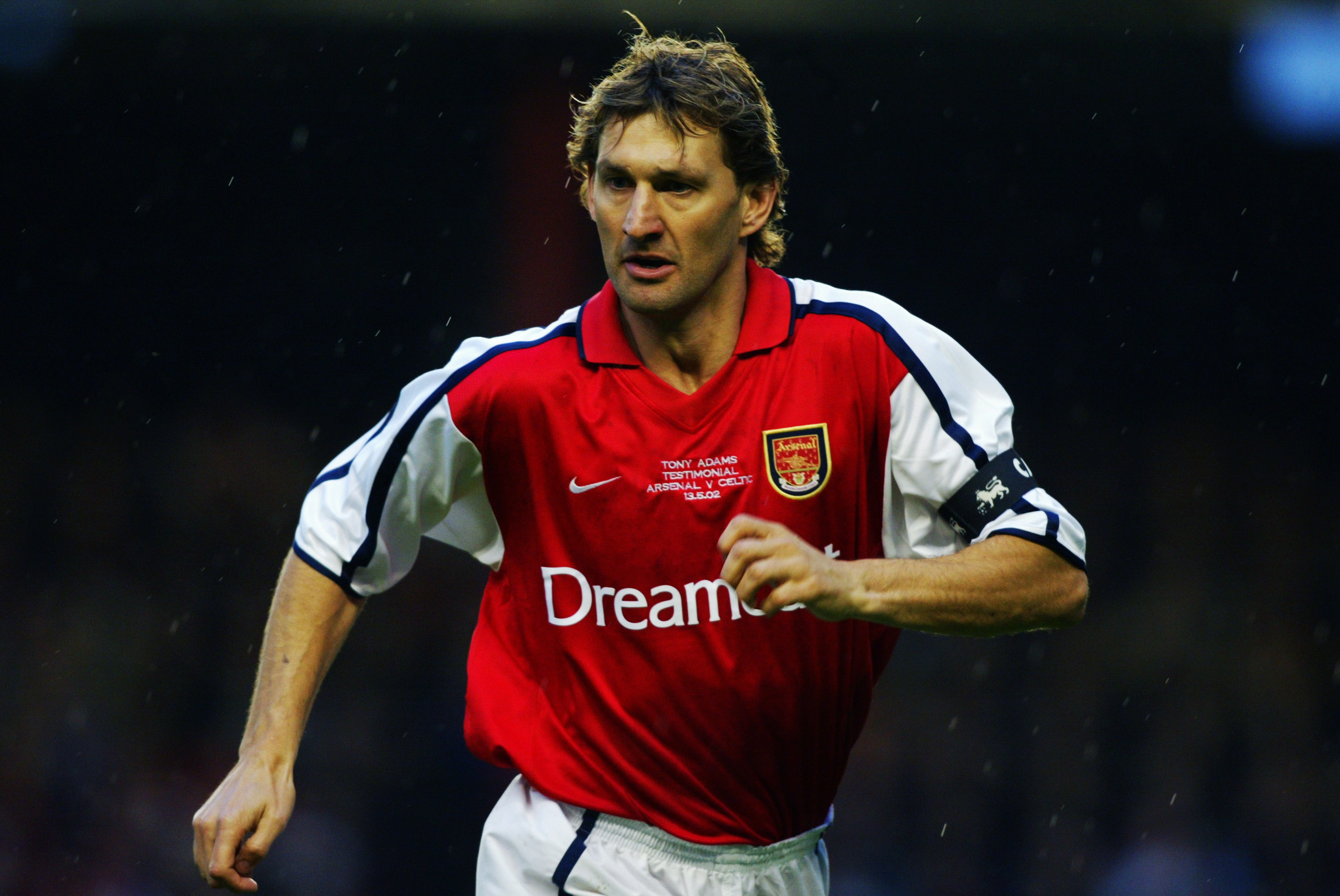 LONDON - MAY 13:  Tony Adams of Arsenal in action during The Tony Adams Testimonial match between Arsenal and Celtic played at Highbury, in London on May 13, 2002. The match ended in a 1-1 draw. DIGITAL IMAGE. (Photo by Ben Radford/Getty Images)