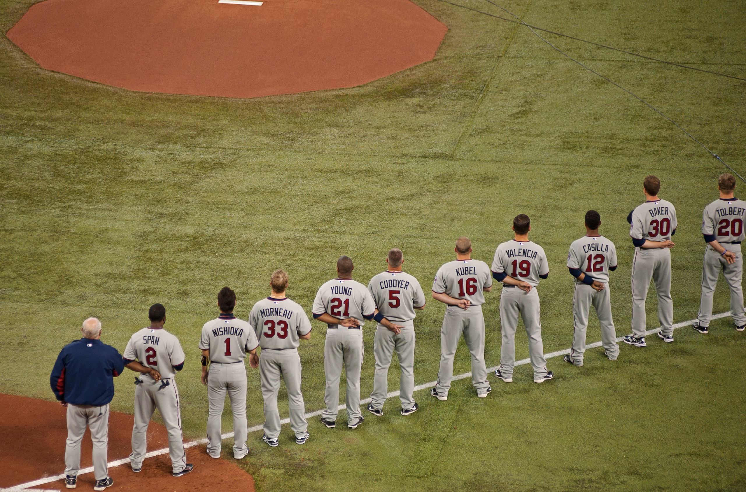 TORONTO,CANADA - APRIL 1:  The Minnesota Twins line up along the first baseline prior to the home opener against the Toronto Blue Jays during their MLB game at the Rogers Centre April 1, 2011 in Toronto, Ontario, Canada.(Photo By Dave Sandford/Getty Image
