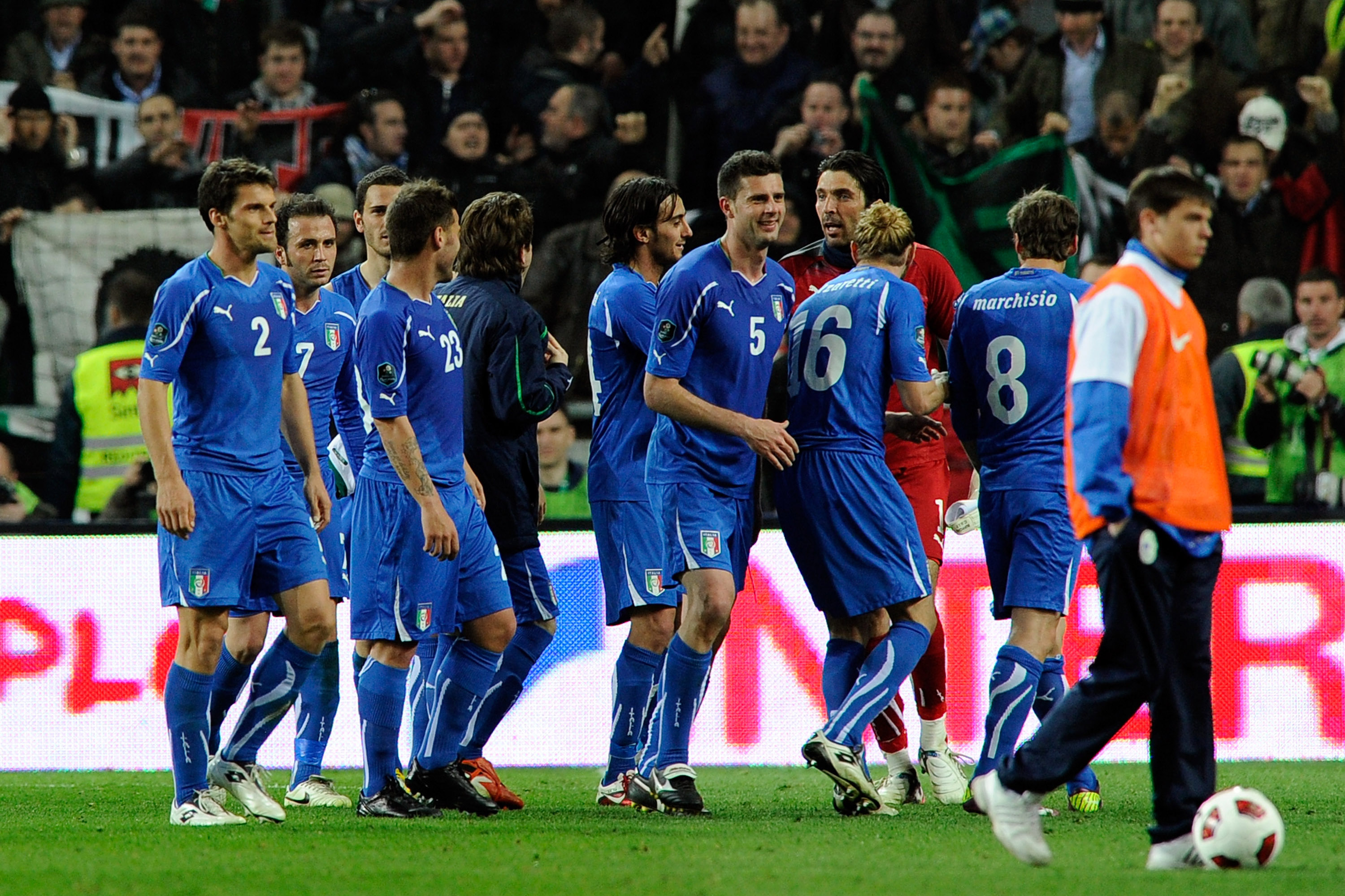 LJUBLJANA, SLOVENIA - MARCH 25:  Players of Italy celebrate during the UEFA EURO 2012 qualifier between Slovenia and Italy on March 25, 2011 in Ljubljana, Slovenia.  (Photo by Claudio Villa/Getty Images)