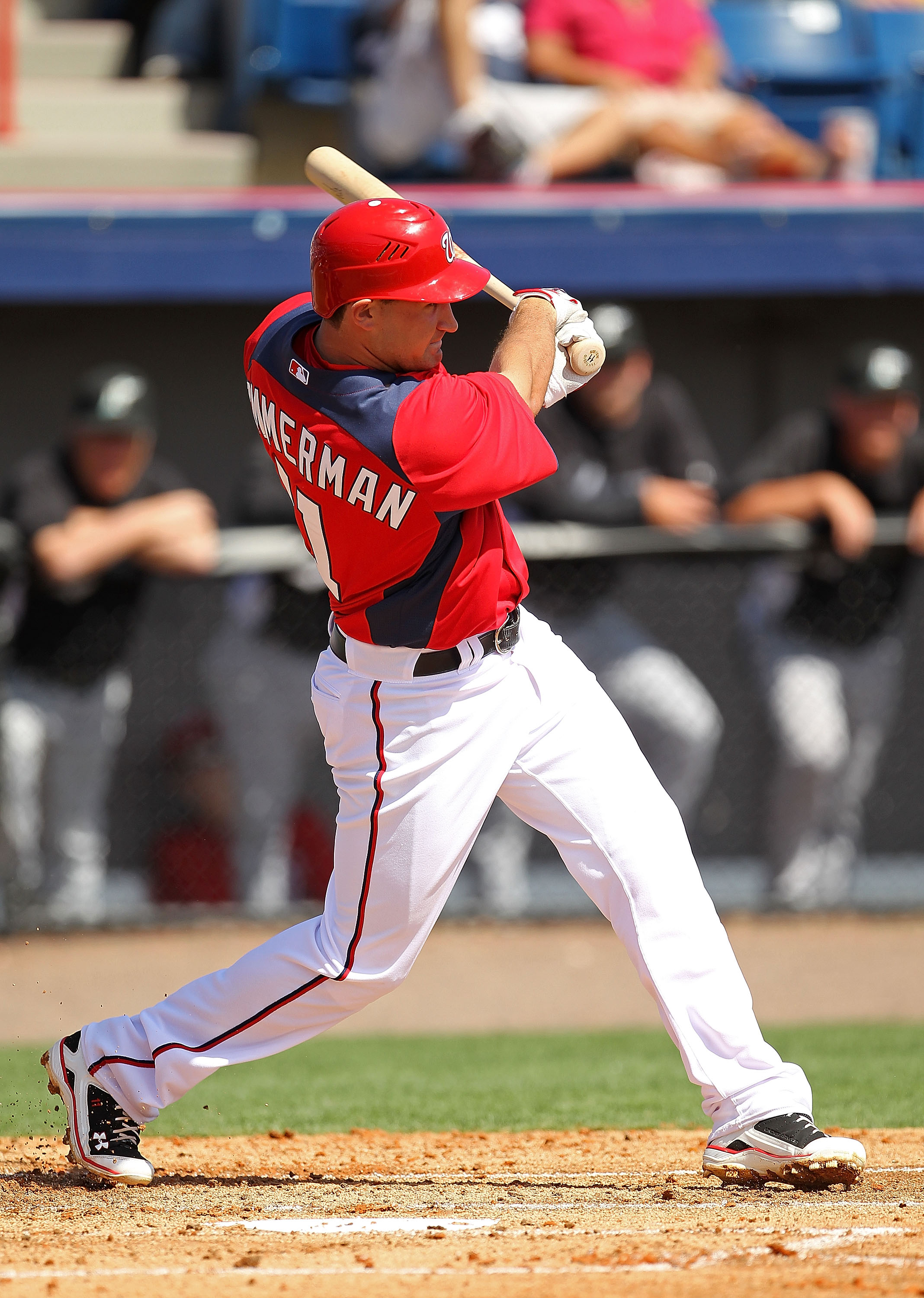VIERA, FL - MARCH 02:  Ryan Zimmerman #11 of the Washington Nationals bats during a Spring Training game against the Florida Marlinsat Space Coast Stadium on March 2, 2011 in Viera, Florida.  (Photo by Mike Ehrmann/Getty Images)