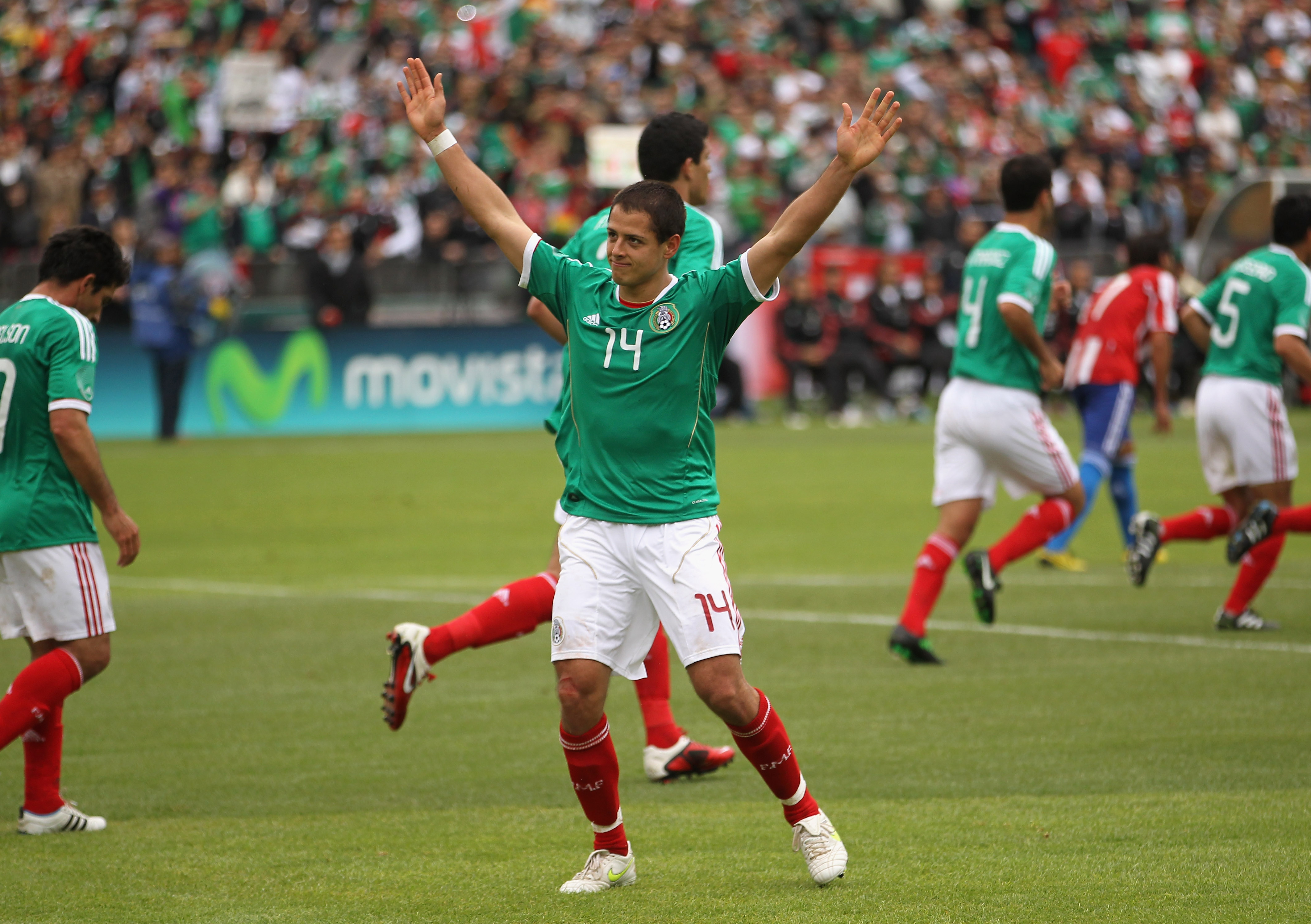 OAKLAND, CA - MARCH 26:  Javier 'Chicharito' Hernandez of Mexico waves to the crowd after he scored his second goal during their international friendly match against Paraguay at Oakland-Alameda County Coliseum on March 26, 2011 in Oakland, California.  (P