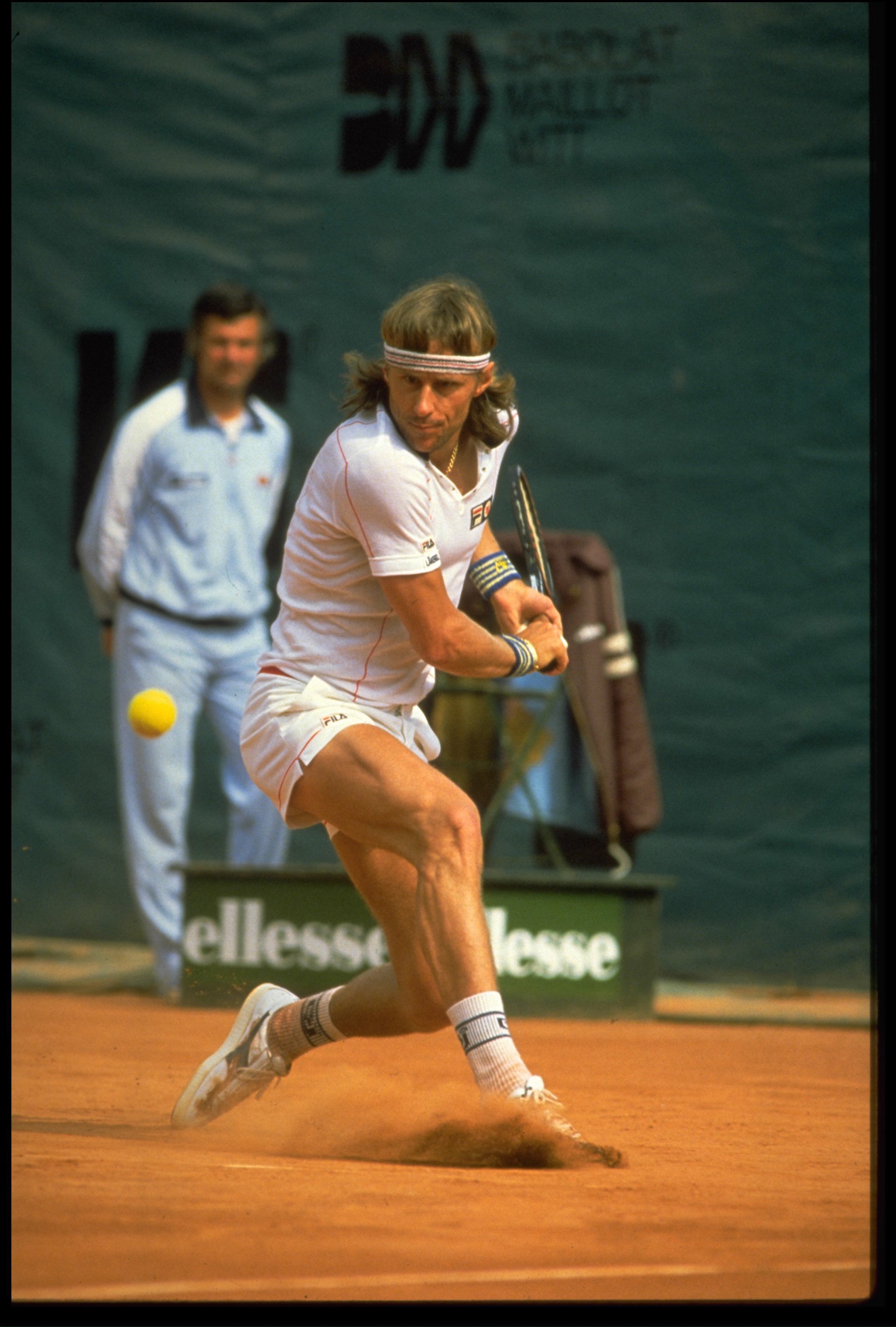 MAY 1982:  BJORN BORG OF SWEDEN HITS A BACKHAND DURING THE FRENCH OPEN AT THE STADE ROLAND GARROS IN PARIS.