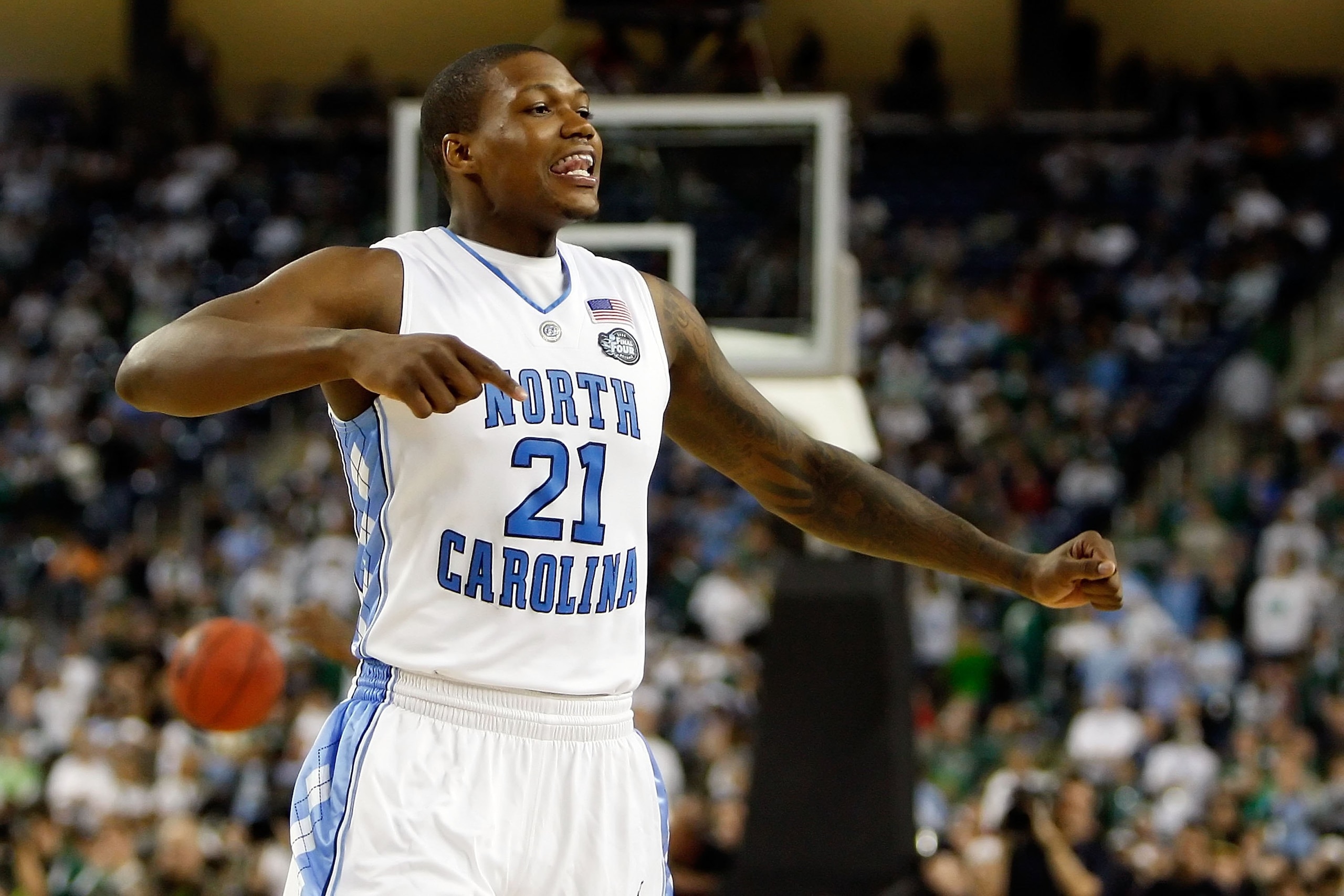 DETROIT - APRIL 06: Deon Thompson #21 of the North Carolina Tar Heels reacts while taking on the Michigan State Spartans during the 2009 NCAA Division I Men's Basketball National Championship game at Ford Field on April 6, 2009 in Detroit, Michigan. (Ph DETROIT - APRIL 06: Deon Thompson #21 of the North Carolina Tar Heels reacts while taking on the Michigan State Spartans during the 2009 NCAA Division I Men's Basketball National Championship game at Ford Field on April 6, 2009 in Detroit, Michigan. (Ph