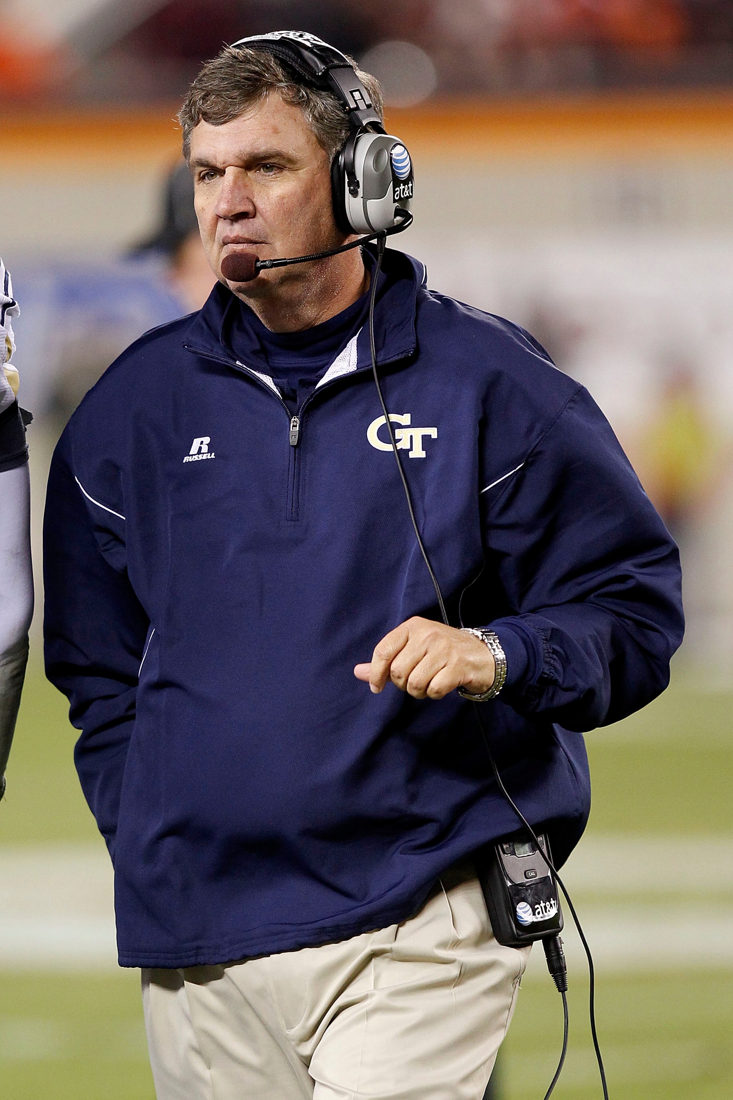 BLACKSBURG, VA - NOVEMBER 04: Head coach Paul Johnson of the Georgia Tech Yellow Jackets stands on the sidelines against the Virginia Tech Hokies at Lane Stadium on November 4, 2010 in Blacksburg, Virginia. (Photo by Geoff Burke/Getty Images) BLACKSBURG, VA - NOVEMBER 04: Head coach Paul Johnson of the Georgia Tech Yellow Jackets stands on the sidelines against the Virginia Tech Hokies at Lane Stadium on November 4, 2010 in Blacksburg, Virginia. (Photo by Geoff Burke/Getty Images)