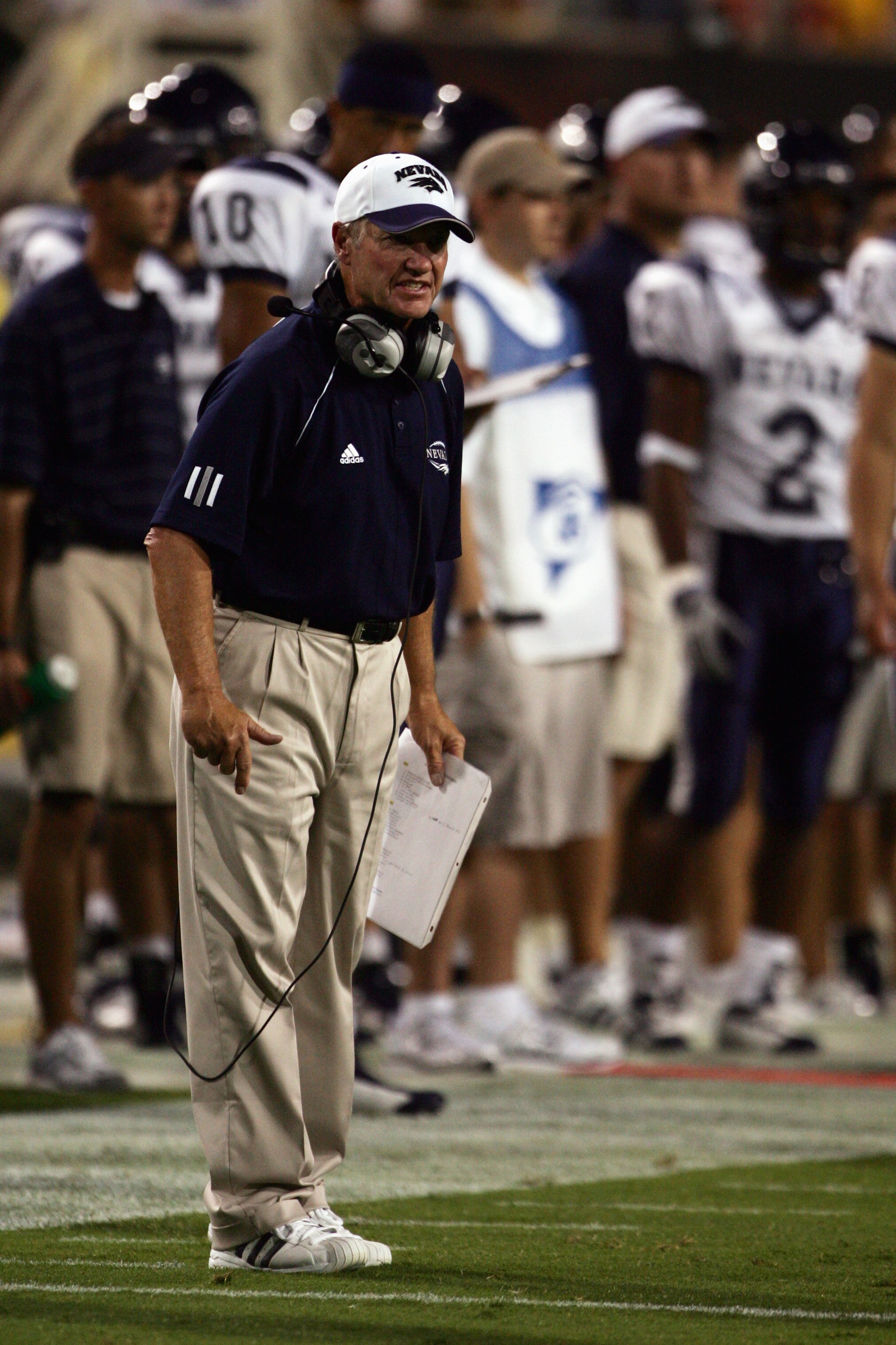 TEMPE, AZ - SEPTEMBER 9:  Head coach Chris Ault of the Nevada Wolf Pack looks on during the game against the Arizona State Sun Devils at Sun Devil Stadium on September 9, 2006 in Tempe, Arizona. Arizona State won 52-21.  (Photo by Harry How/Getty Images)