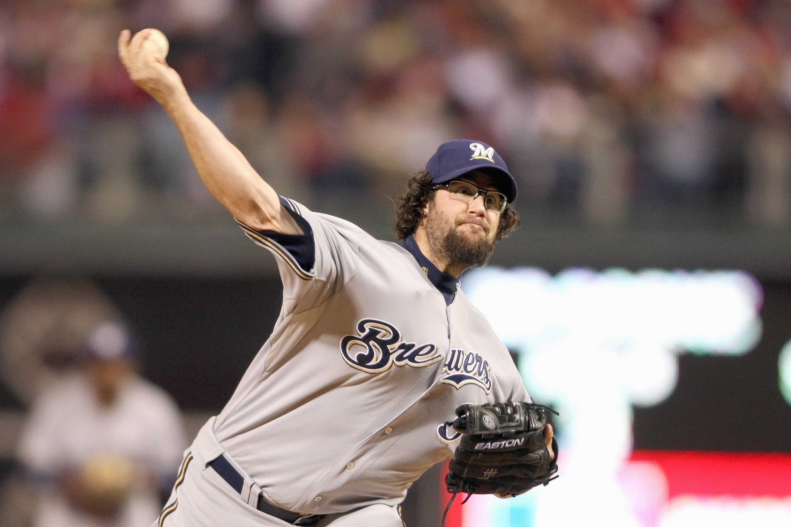PHILADELPHIA - OCTOBER 2:  Eric Gagne #38 of the Milwaukee Brewers pitches against the Philadelphia Phillies during Game 2 of the NLDS Playoffs at Citizens Bank Ballpark on October 2, 2008 in Philadelphia, Pennsylvania. (Photo by: Nick Laham/Getty Images)