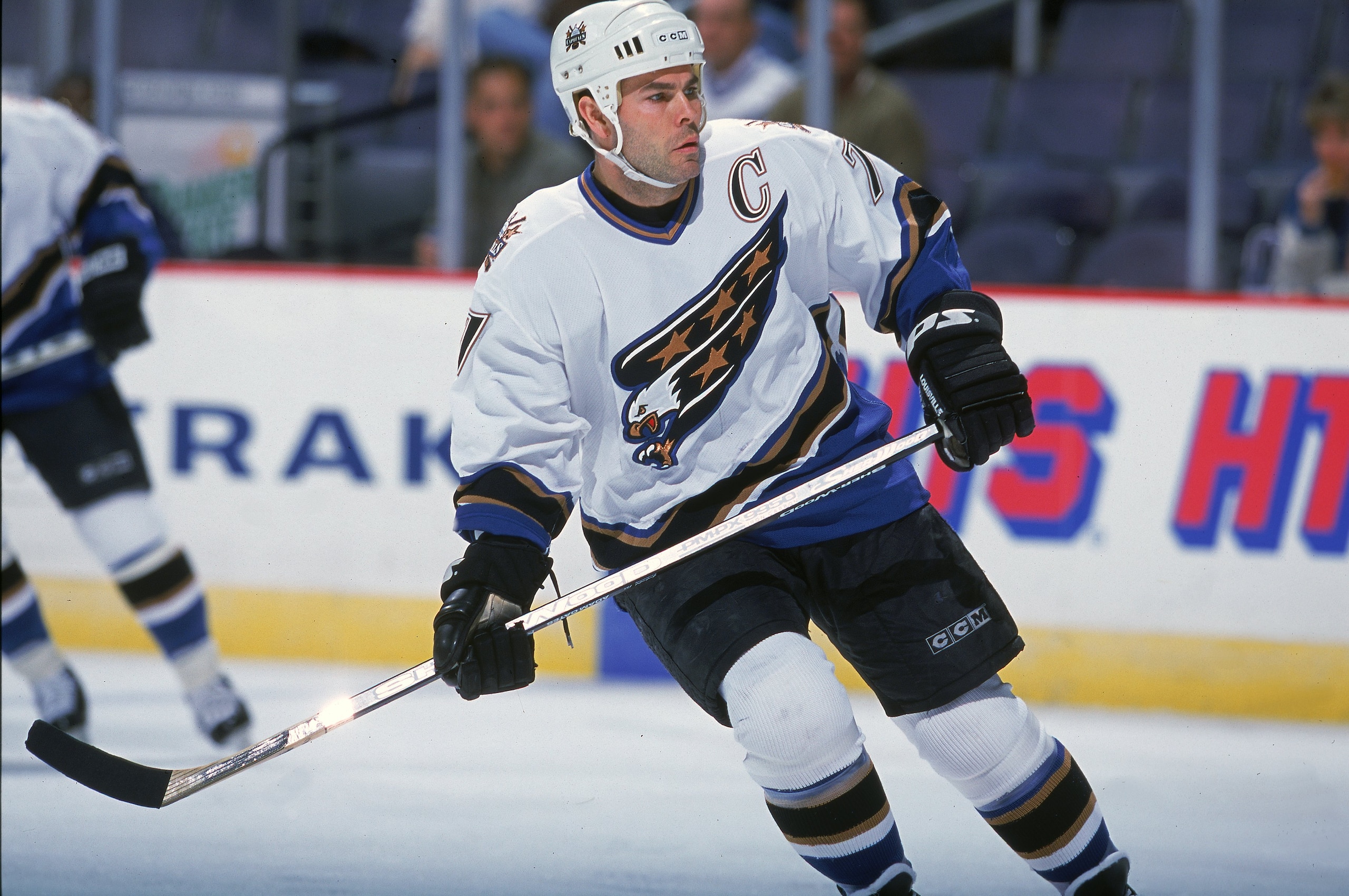 14 Nov 2000:  Adam Oats #77 of the Washington Capitals looks on during the game against the Phoenix Coyotes at the MCI Center in Washington, D.C. The Coyotes tied the Capitals 2-2.Mandatory Credit: Doug Pensinger  /Allsport