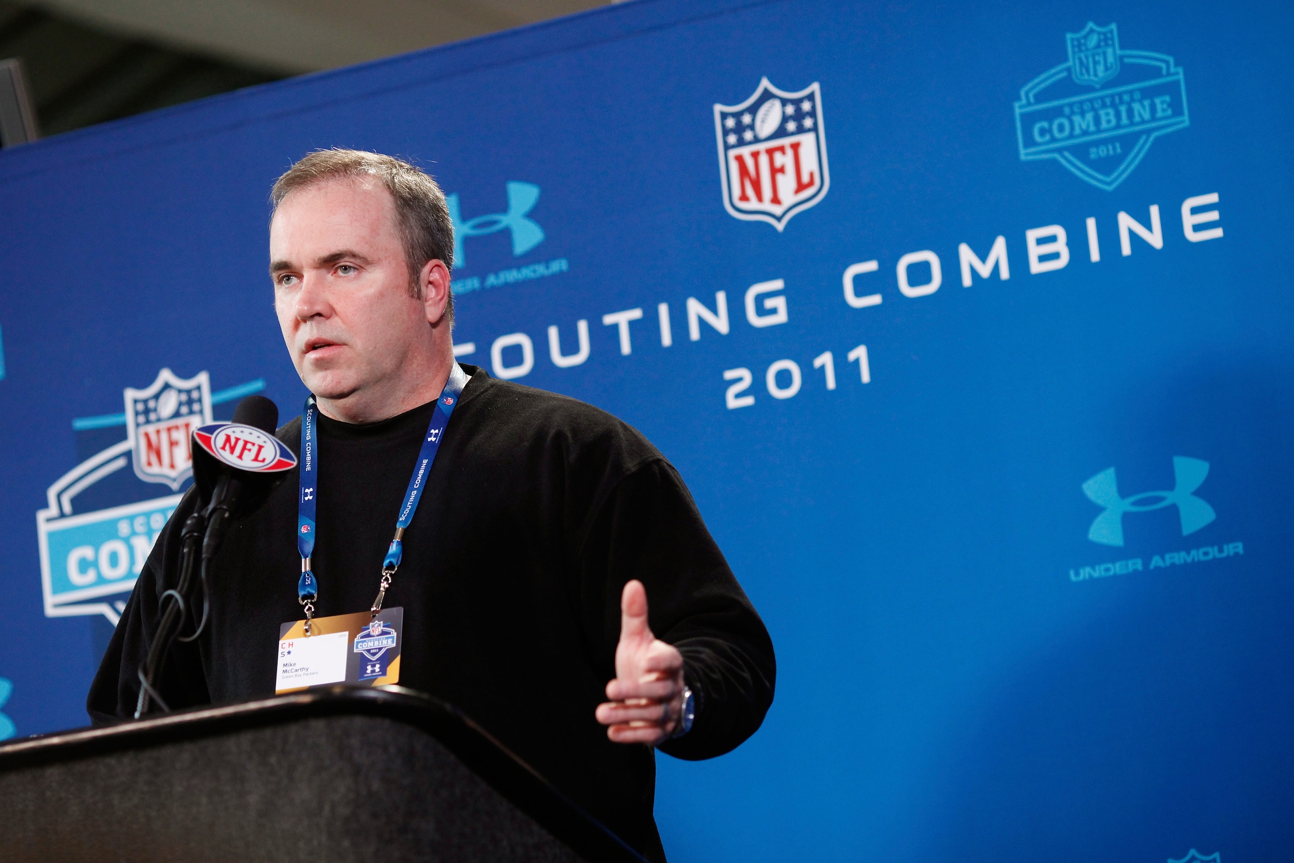 INDIANAPOLIS, IN - FEBRUARY 25: Green Bay Packers head coach Mike McCarthy answers questions during a media session at the 2011 NFL Scouting Combine at Lucas Oil Stadium on February 25, 2011 in Indianapolis, Indiana. (Photo by Joe Robbins/Getty Images)